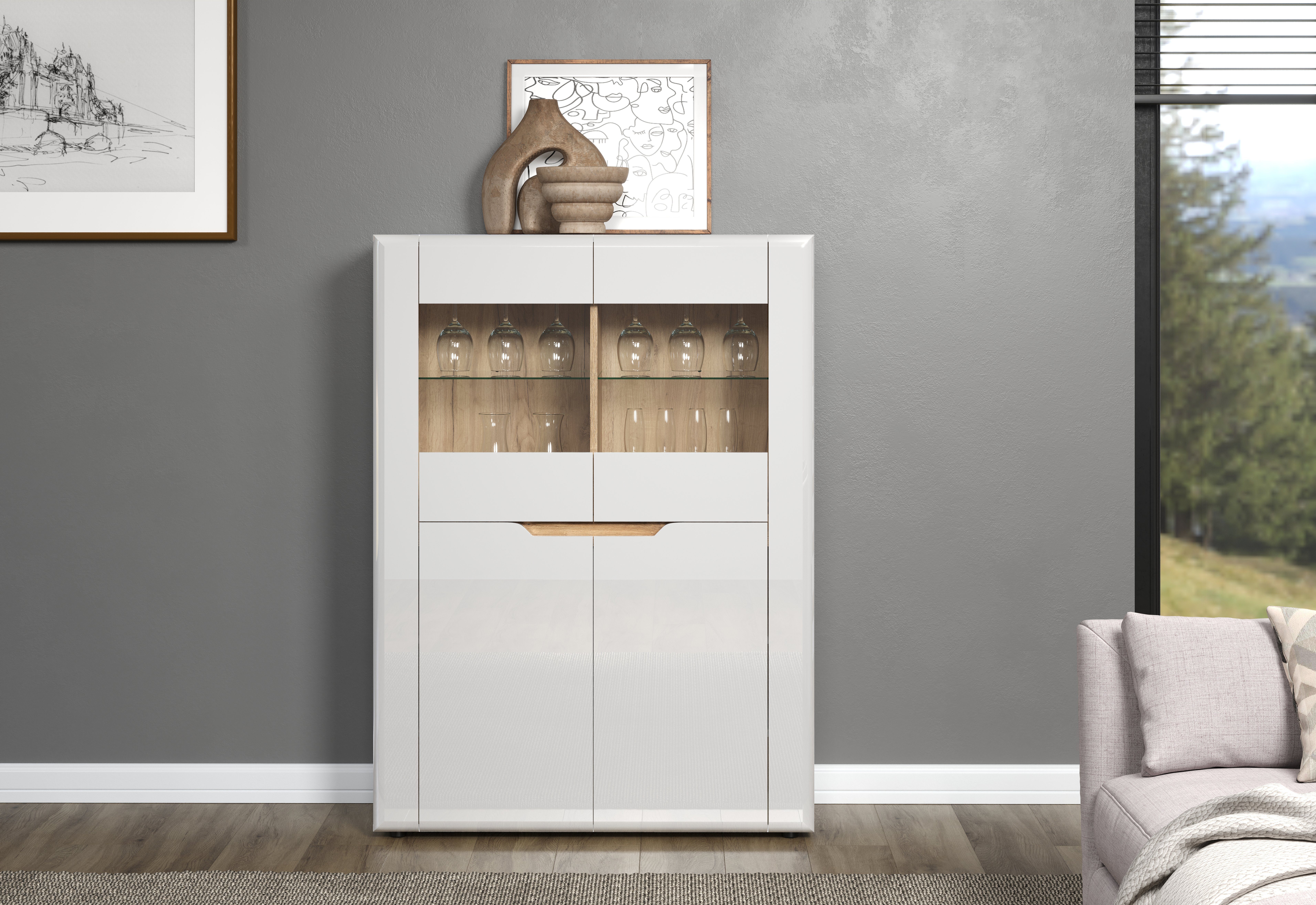 INOSIGN Vitrinekast Graz Hoge kast met glazen deuren Grifflos, breedte 96 cm, hoogte 132 cm (1 stuk)