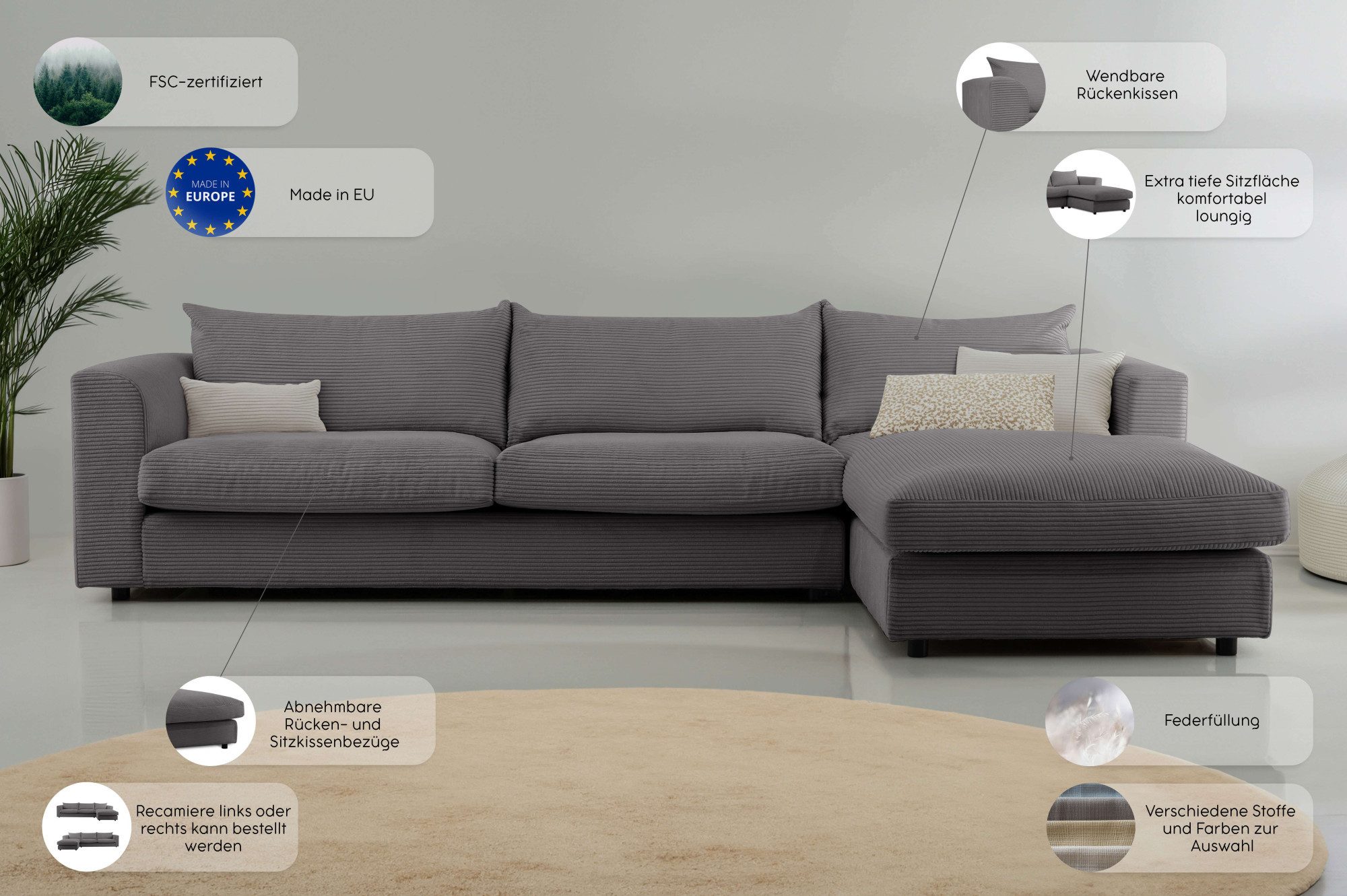 LeGer Home by Lena Gercke Hoekbank Avelina Breedte 297 cm, in cord- en chenille-stof, rugkussen met veren (2-delig)