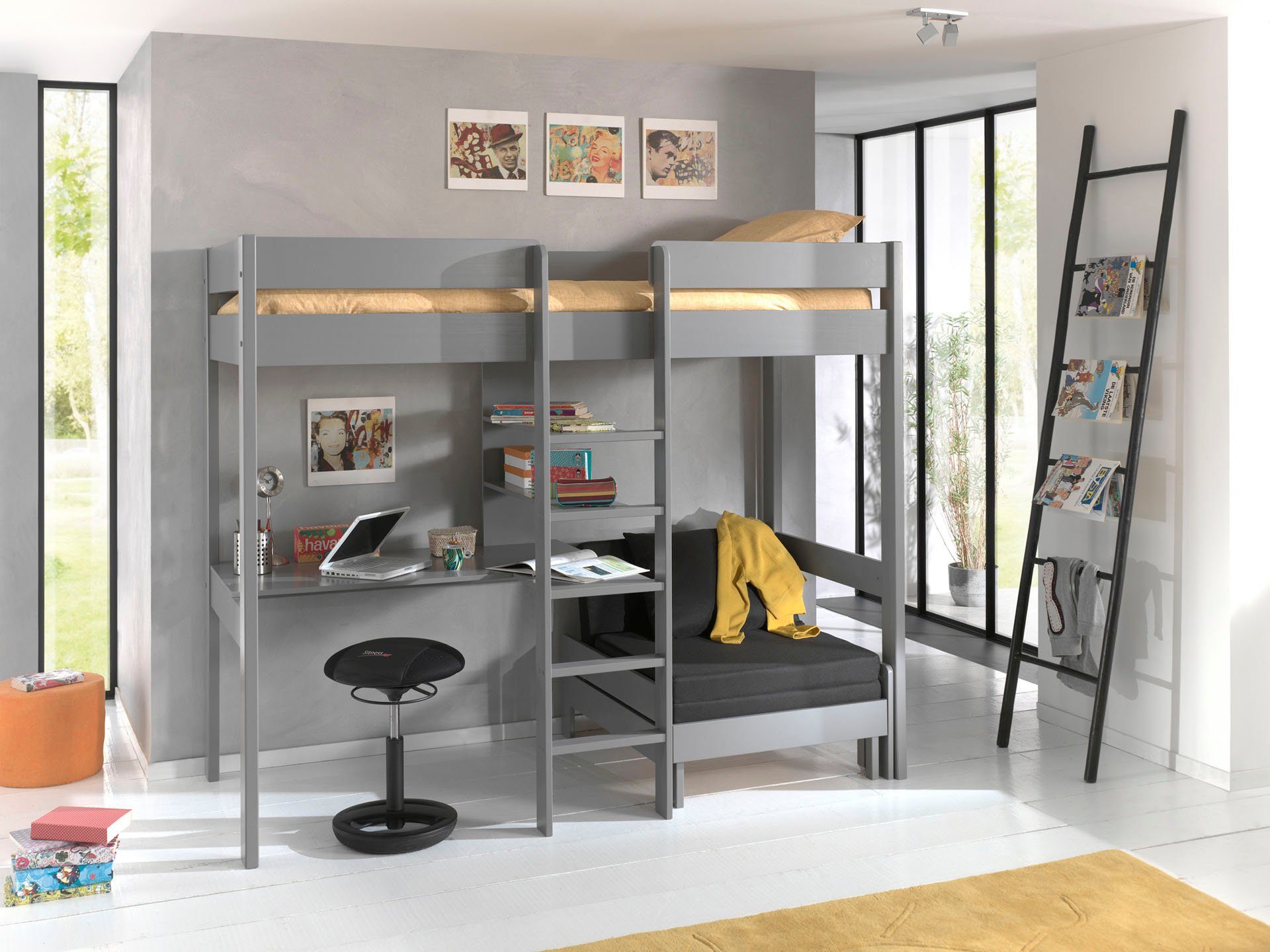 Vipack Hoogslaper PINO met stoel, schrijfblad en rek hoogslapers grijs
