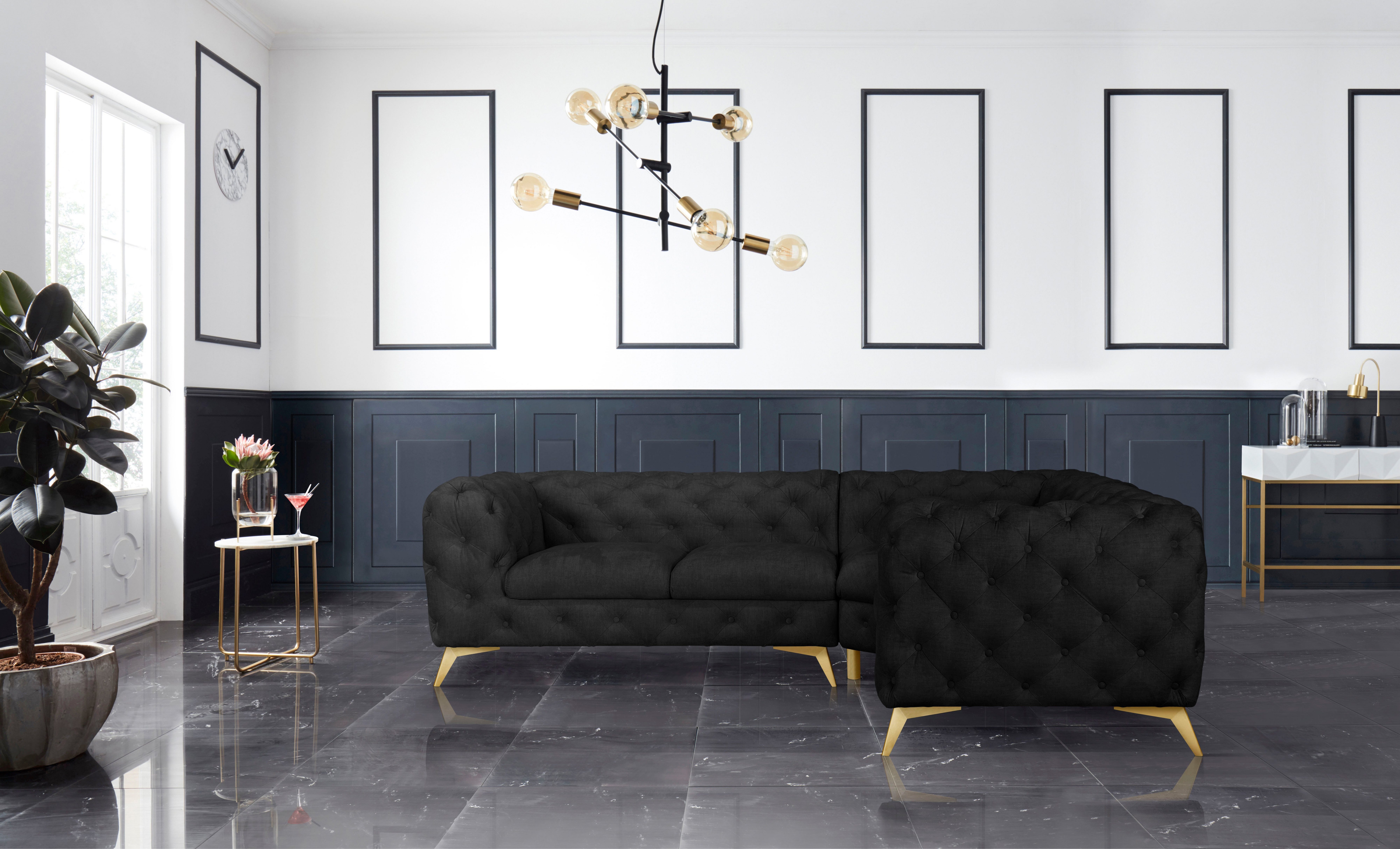 Leonique Chesterfield-bank Glynis L-vorm luxueuze capitonnage, moderne chesterfield look, kleur van de poten ter keuze