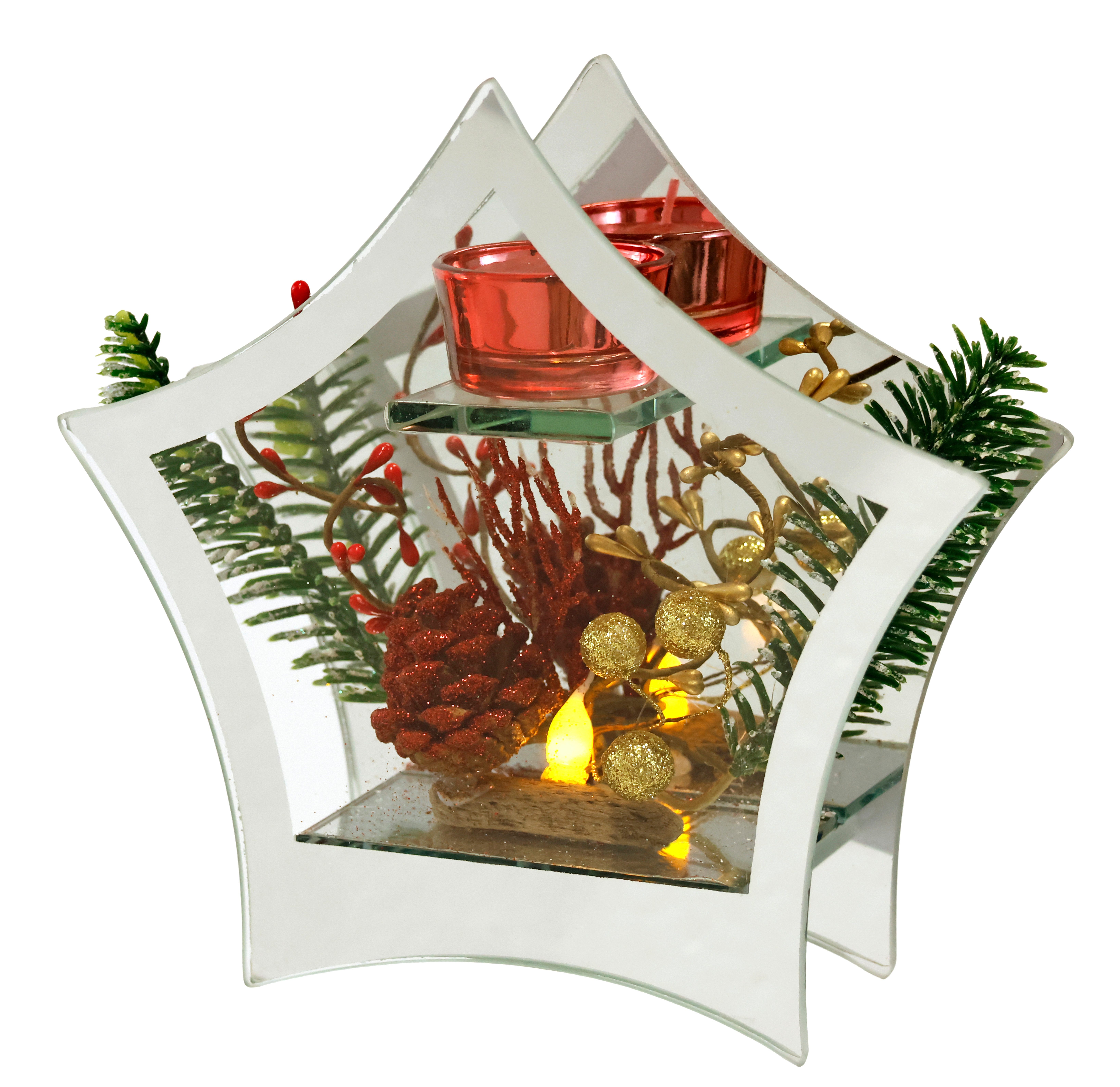 I.GE.A. Waxinelichthouder Decoratieobject met LED-licht en theelichtkaars Dennen kegels bessen LED-kaars kaarsenhouder kerstdecoratie decoratief object (1 stuk)