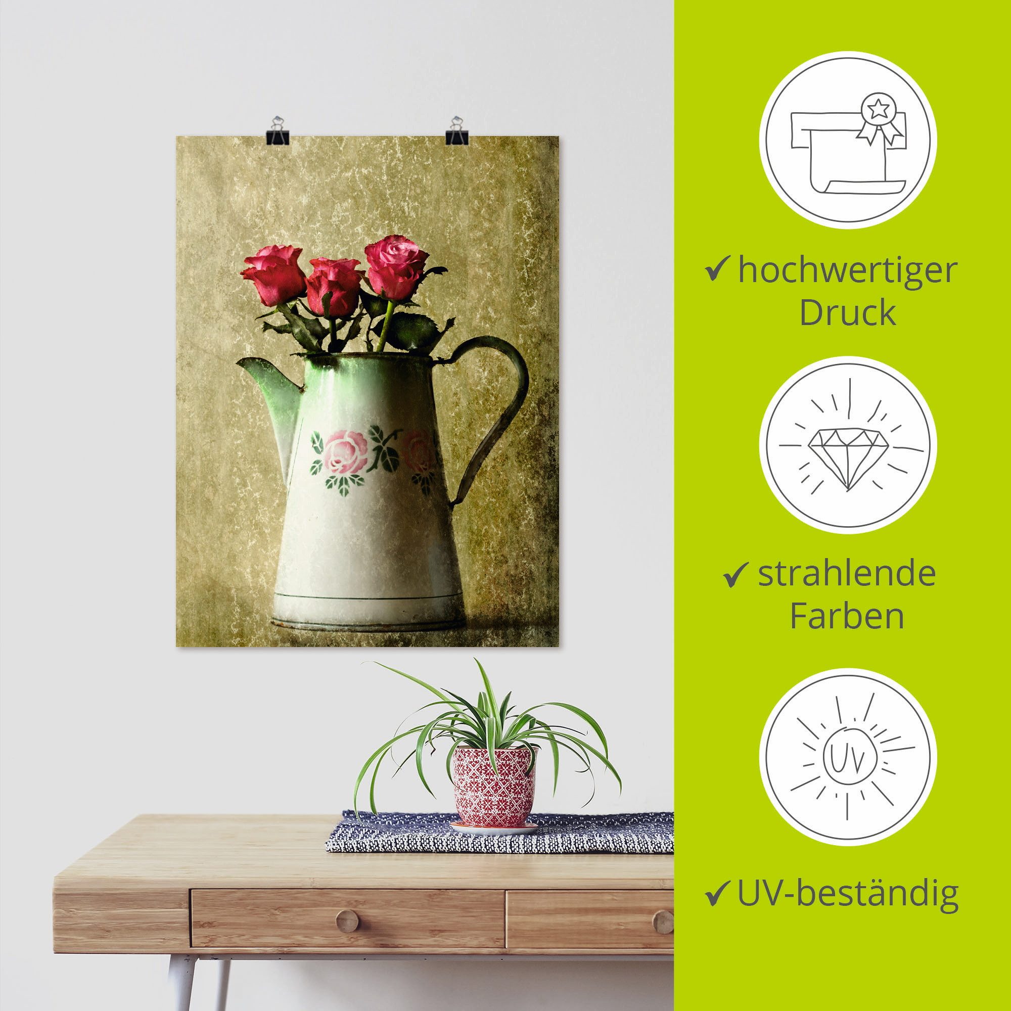 Artland Artprint Drie rozen in een oude kan als poster in verschillende formaten maten