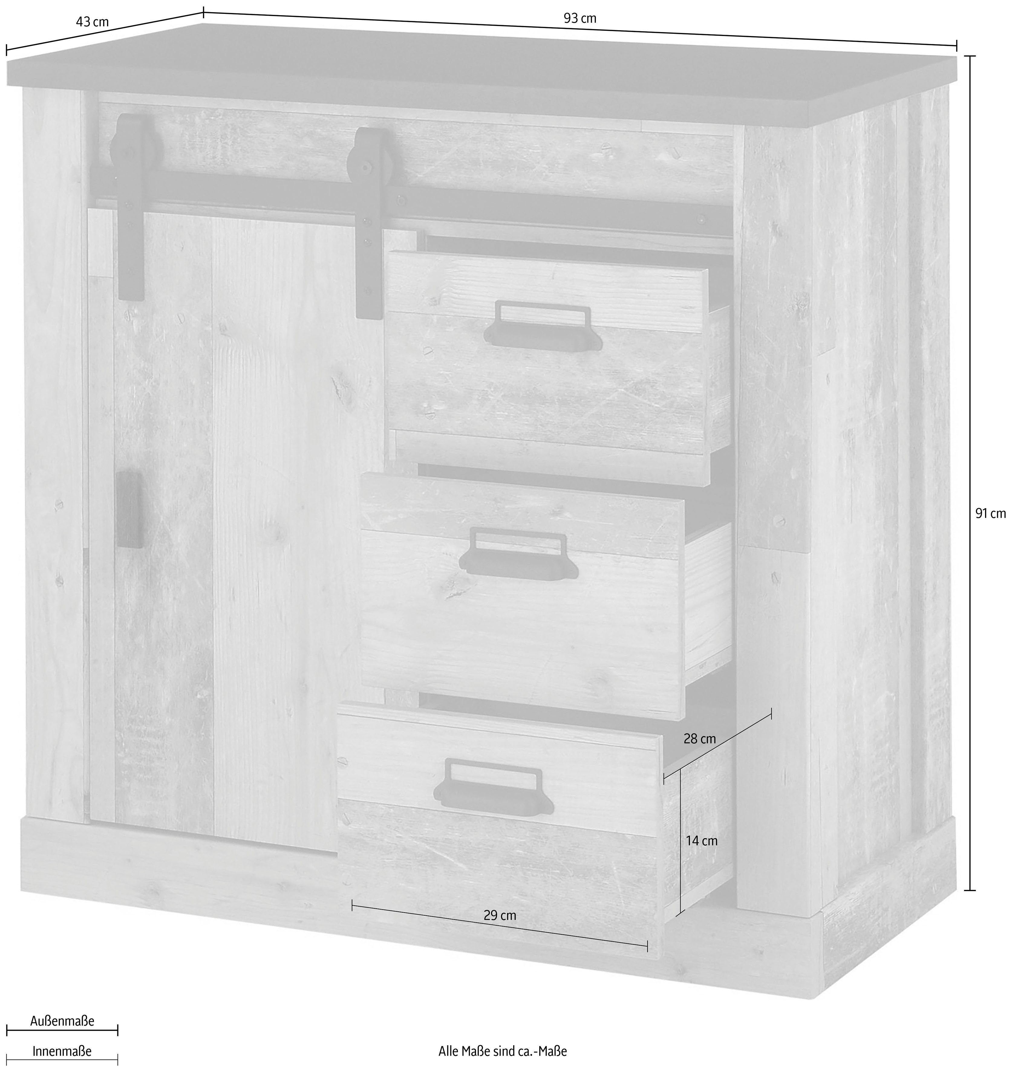 Home affaire Kast Sherwood Houtdecor, met schuurdeurbeslag en apothekersgrepen, breedte 92 cm