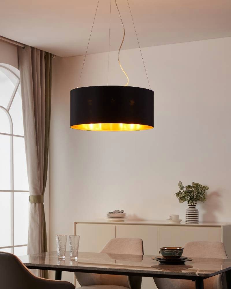 EGLO Hanglamp MASERLO hanglamp, zwart, goud, zilver, stof, elegant, modern Textiel hanglamp zwart/goudkleur, van staal en stof, E27, Ø53 cm