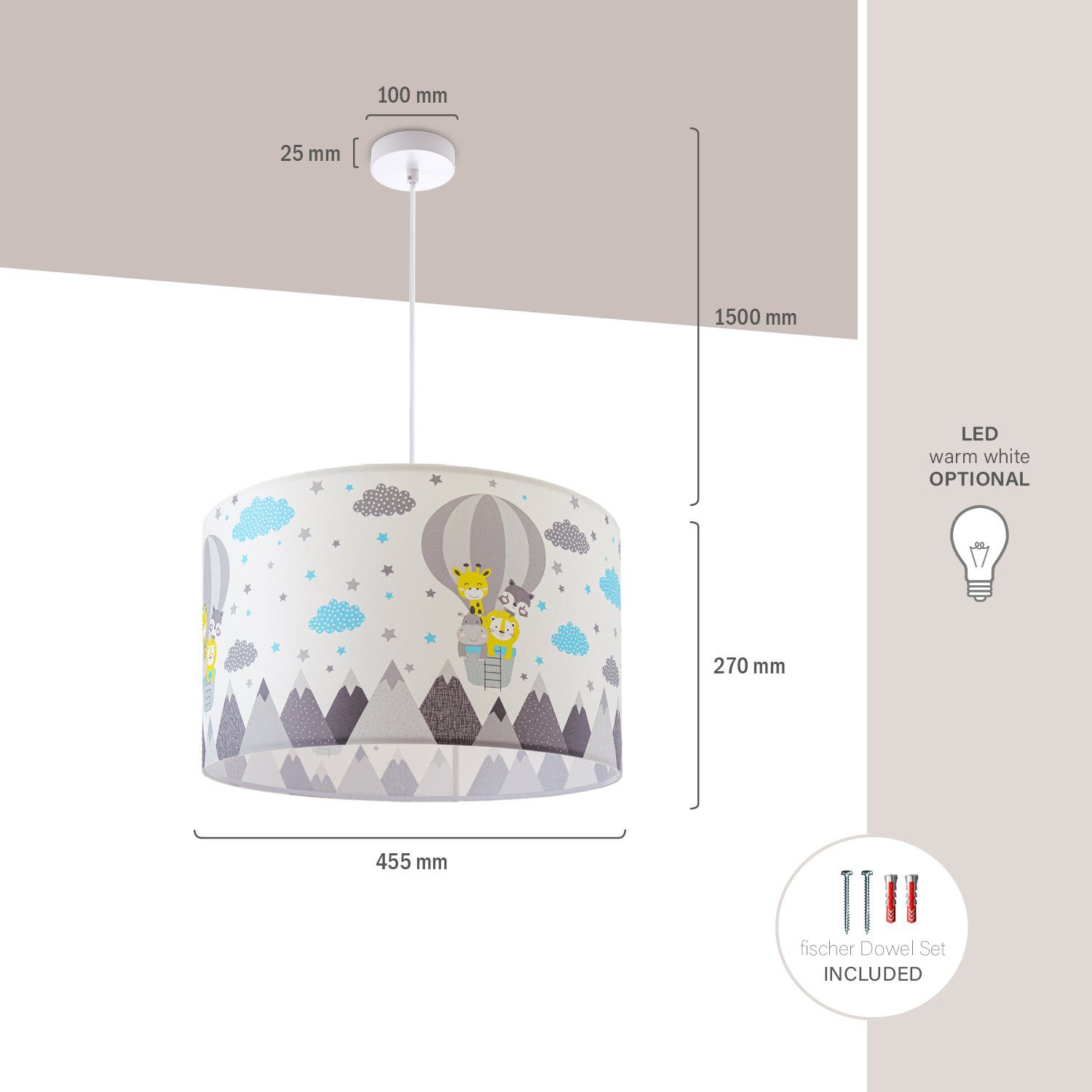 Paco Home Hanglamp Cosmo 343 Lamp kinderkamer plafondlamp luchtballon wolken dieren zoo E27