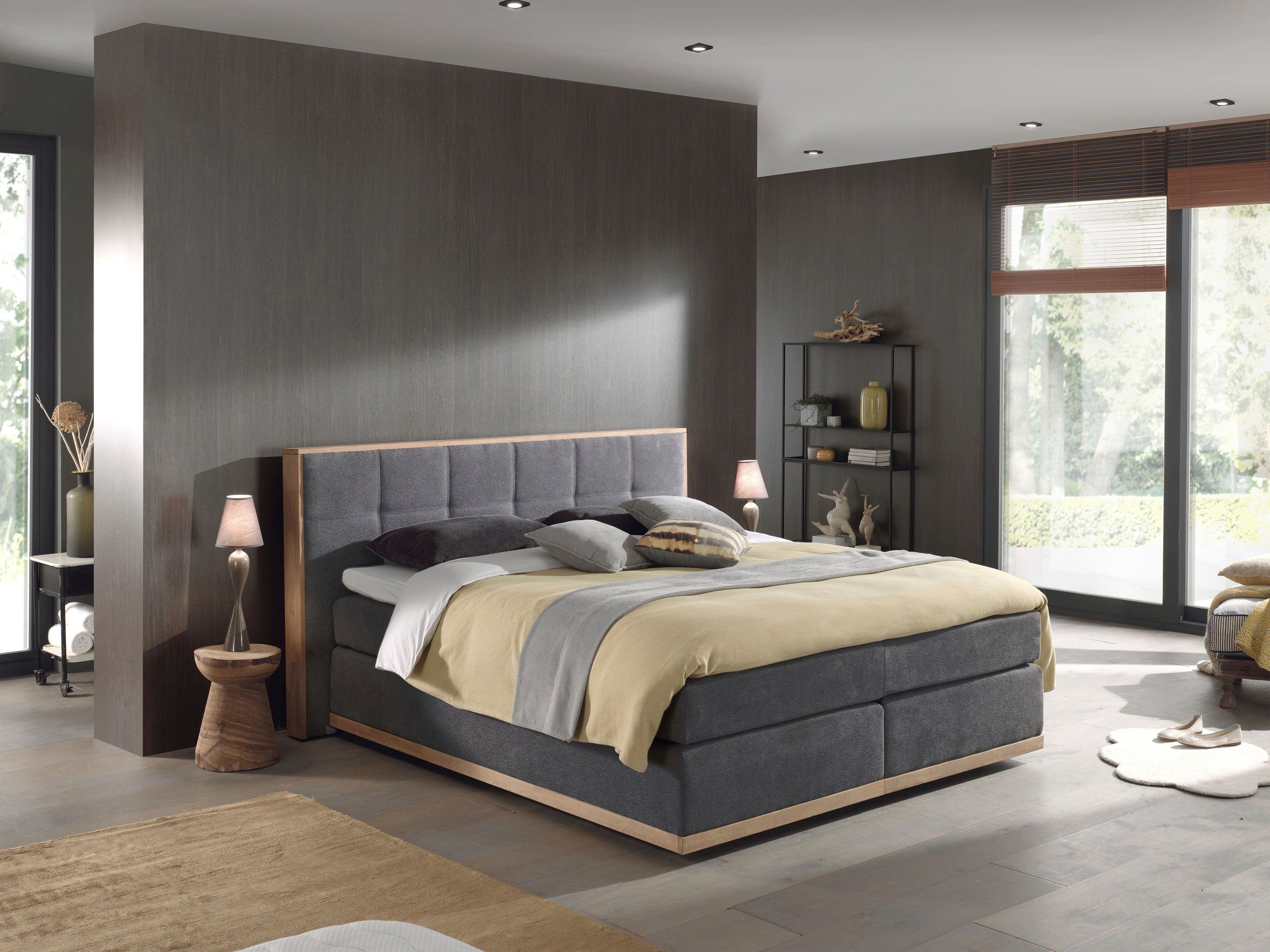 Places of Style Boxspring Vinton van massief eiken, verschillende hardheden (ook h4) (5-delig) boxsprings maat Luxe-microvezel vintage grijs