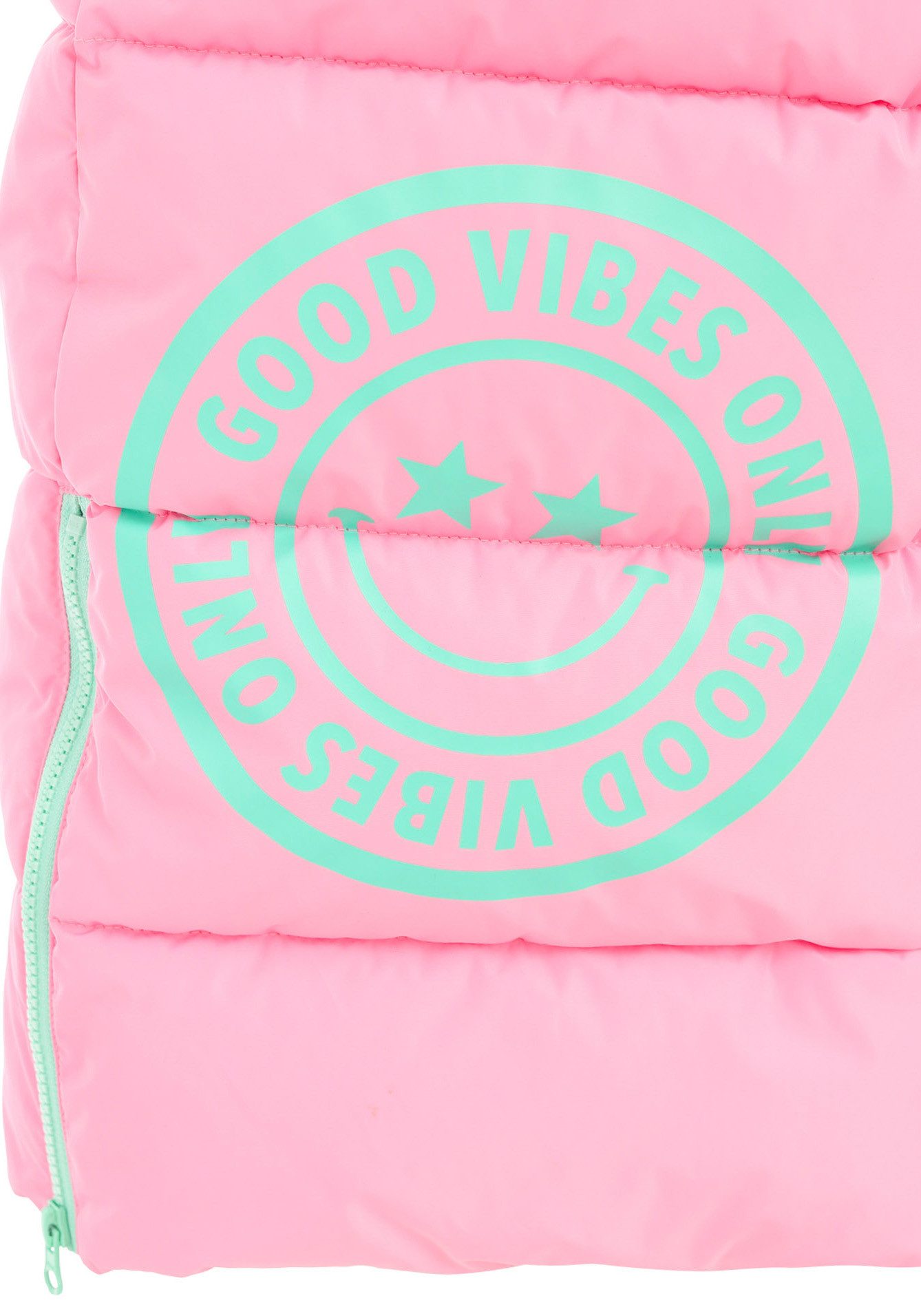Zwillingsherz Bodywarmer Gewatteerd vest lang "Good Vibes Only" met bedrukte capuchon en zakken, knoopsluiting en print achter