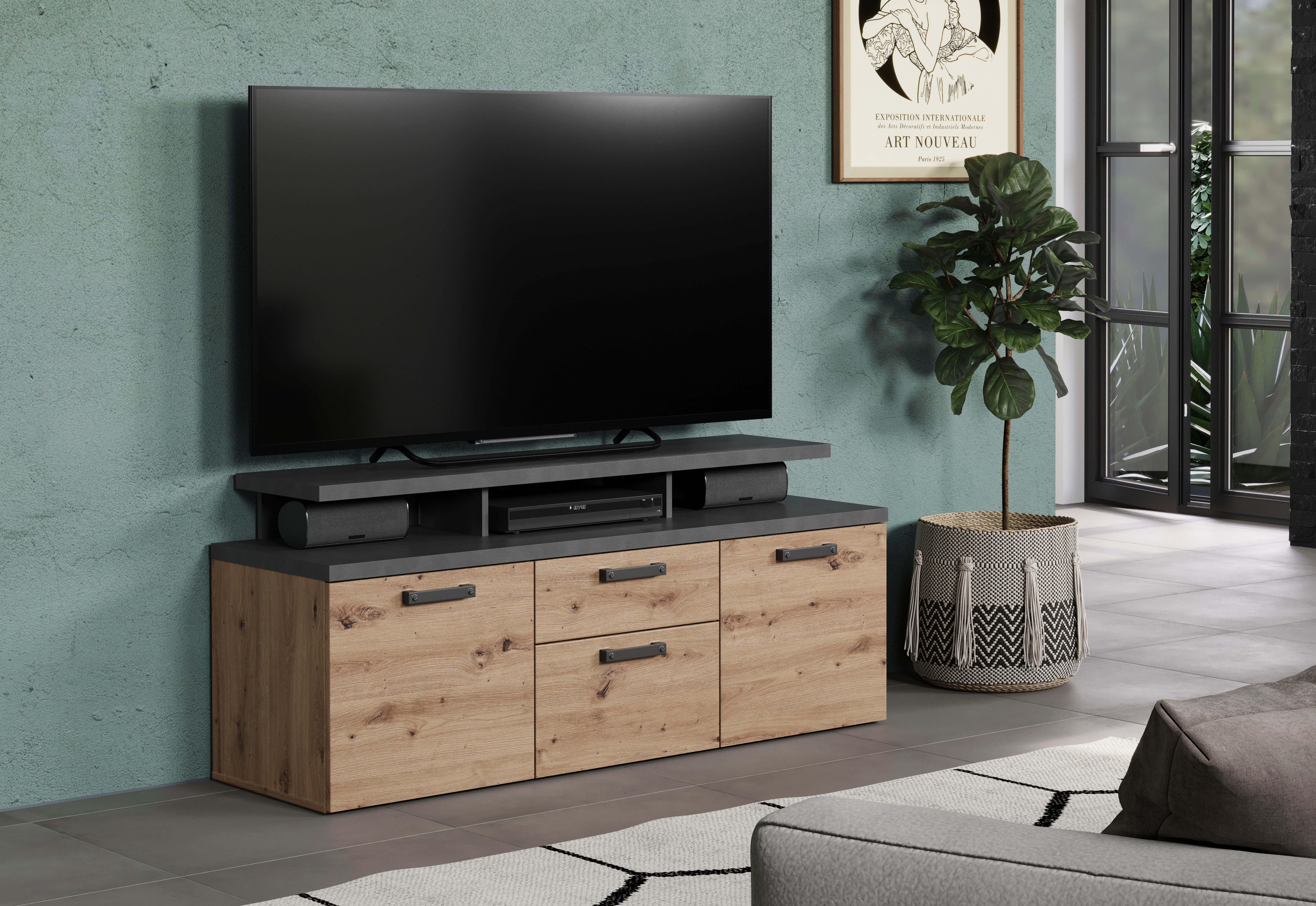 Home affaire Tv-kast Ambres Lowboard inclusief opzetstuk in eik/grijs - Met volledige uittrekfunctie (1 stuk)