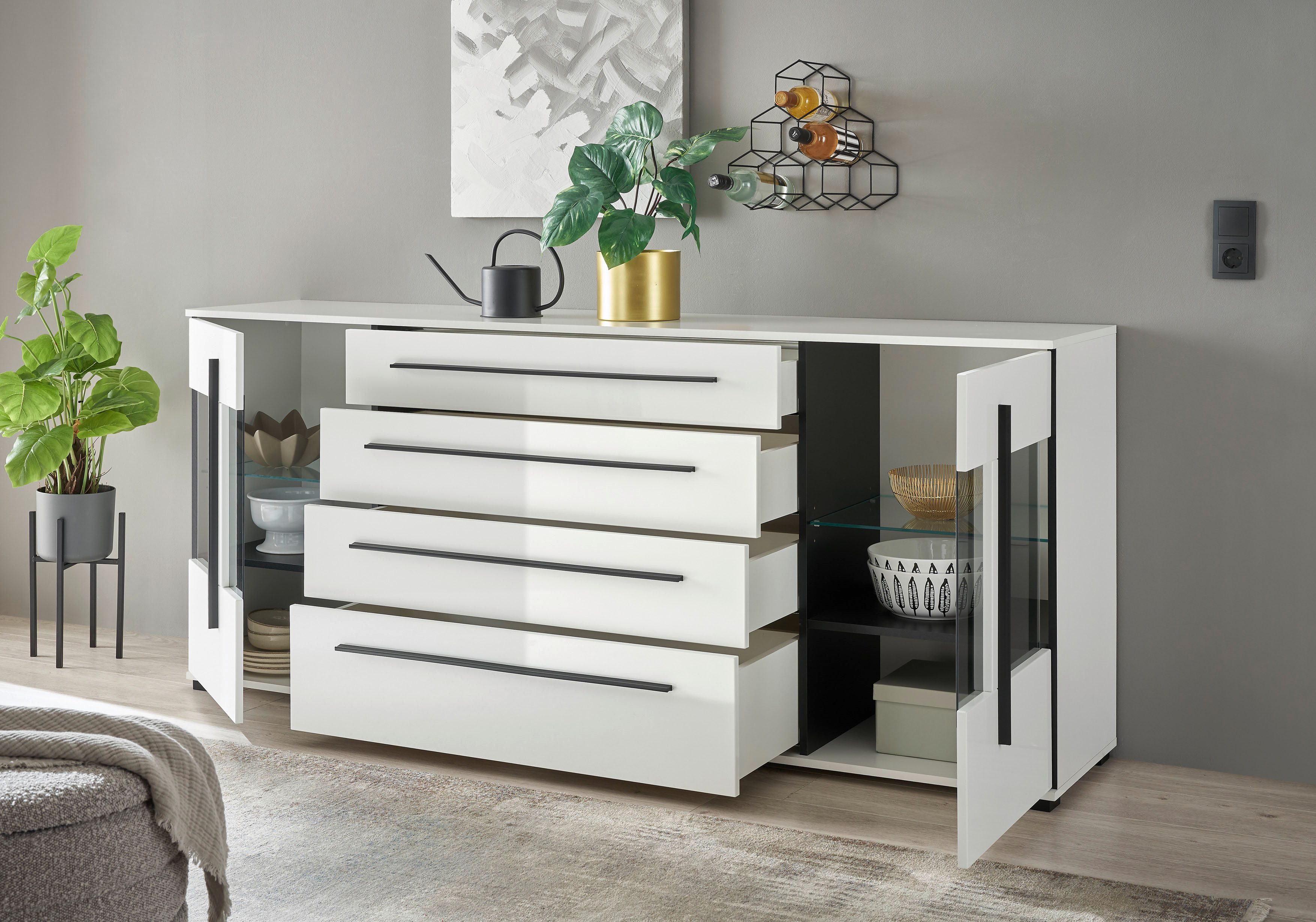 INOSIGN Dressoir Cantara, moderne kast, commode in Eiken Evoke of wit zwarte stanggreep, voldoende opbergruimte, veelzijdig inzetbaar