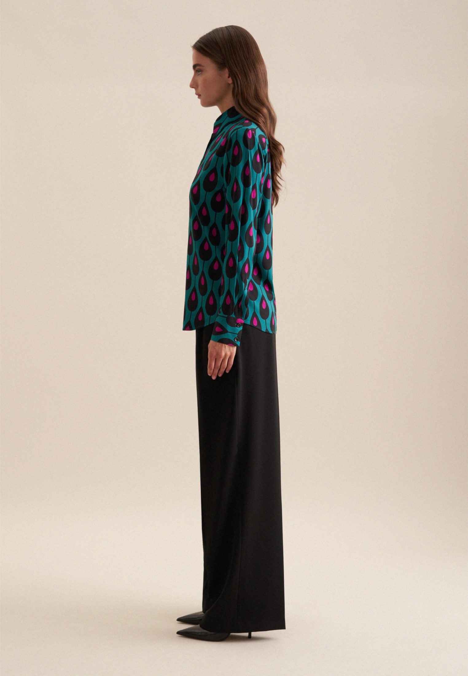 seidensticker Overhemdblouse Zwarte roos Lange mouwen kraag print