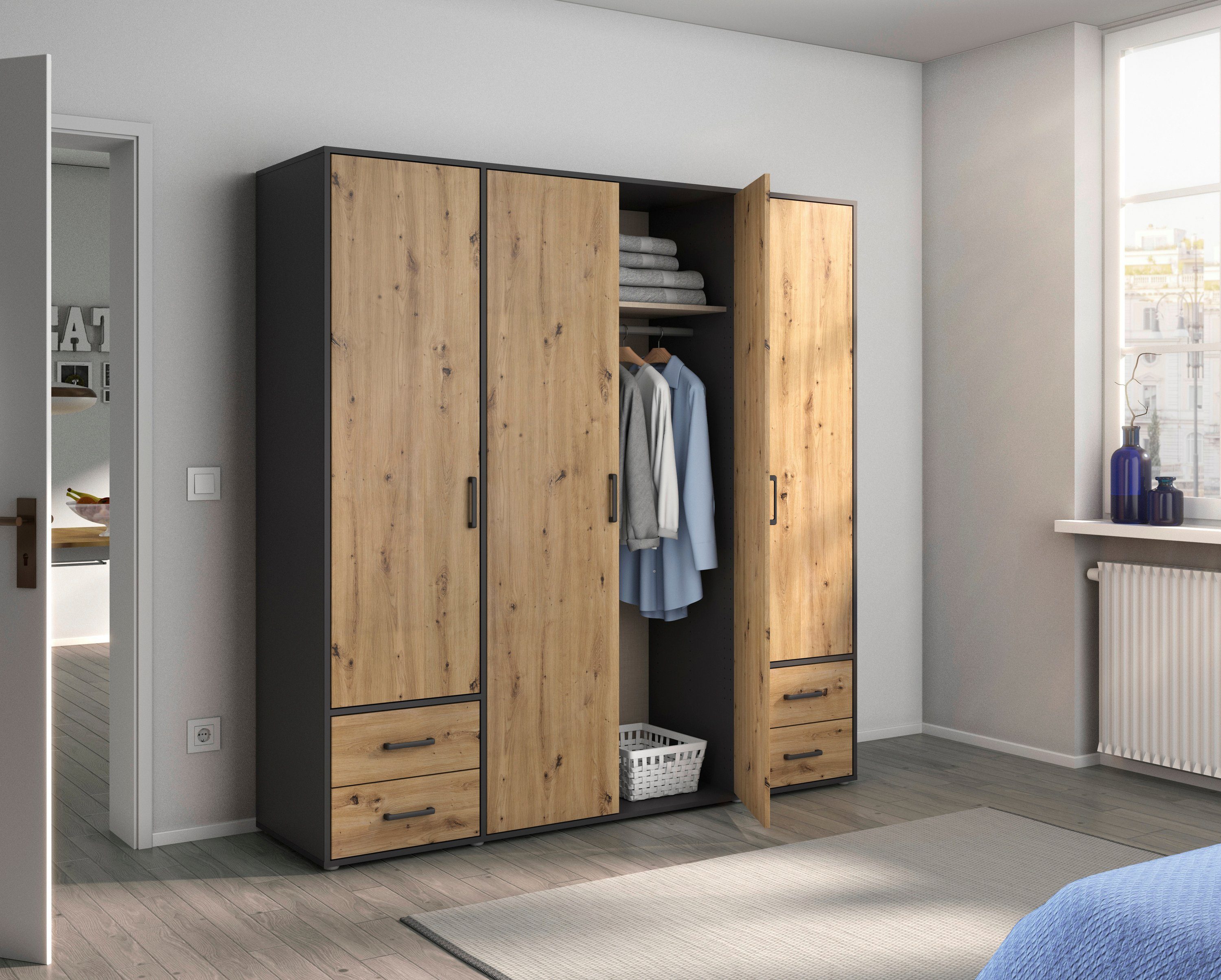 rauch Draaideurkast Kledingkast kast garderobe linnenkast VOYAGER moderne grepen in grijs metallic met buitenlades made in germany