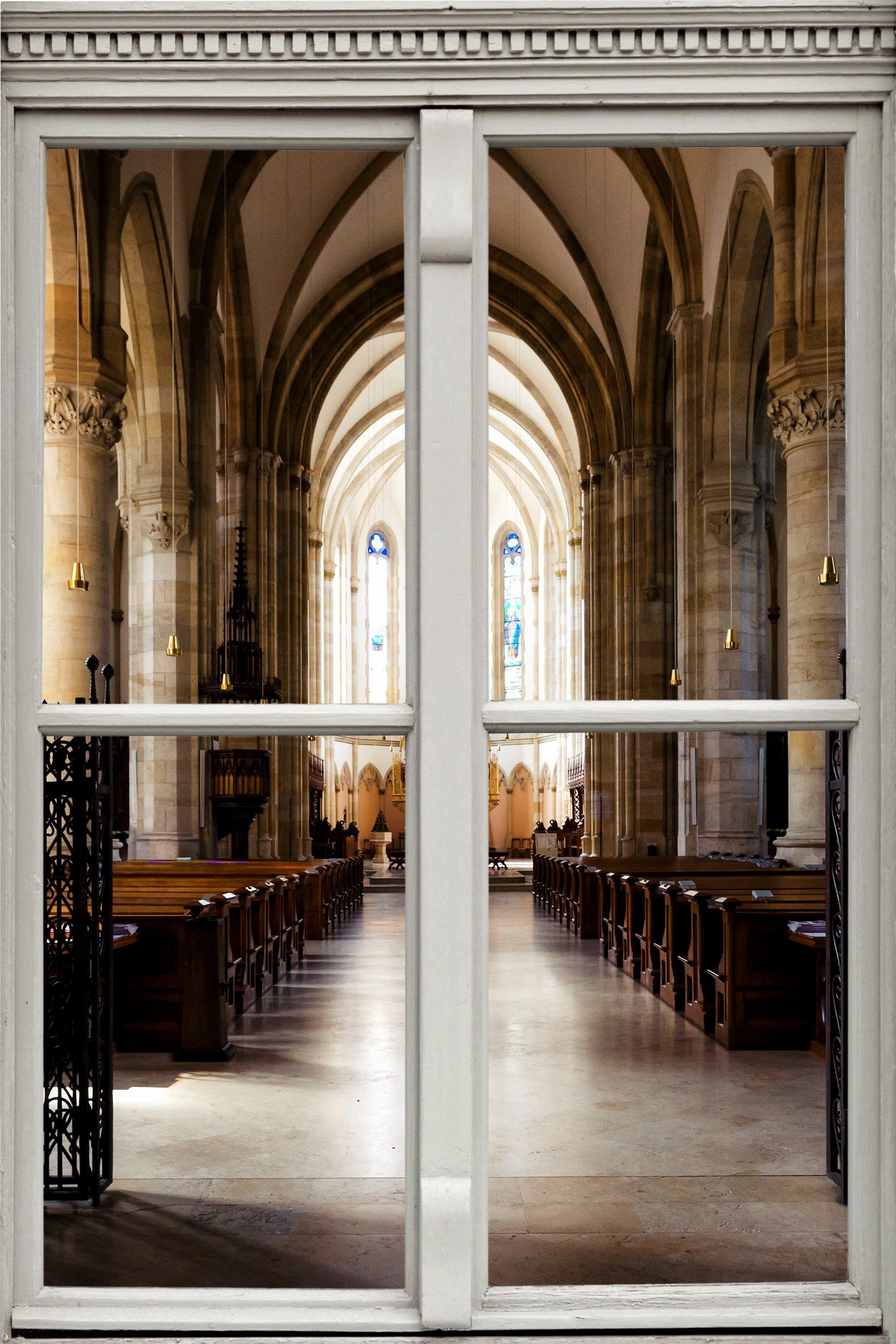 queence Wandfolie Kerk Muursticker, muurdecoratie, zelfklevend, 3D, raam wandstickers bruin