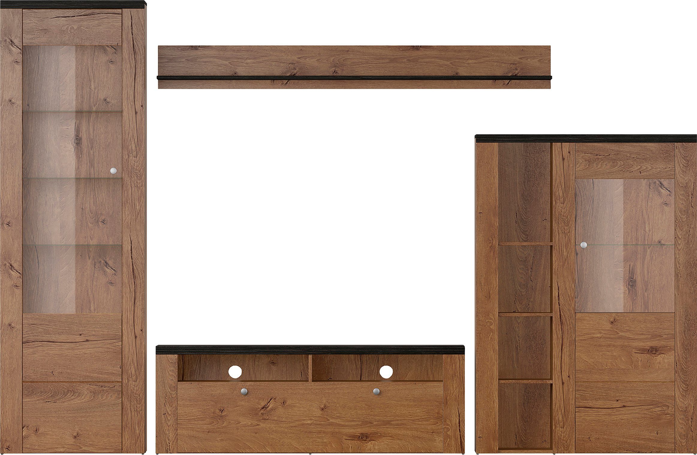Home affaire Wandmeubel Larona, aanbouwwand, set van 4 delen bestaande uit 1 tv-board, 1 highboard, 1 vitrine, 1 wandplank (set, 4 stuks)