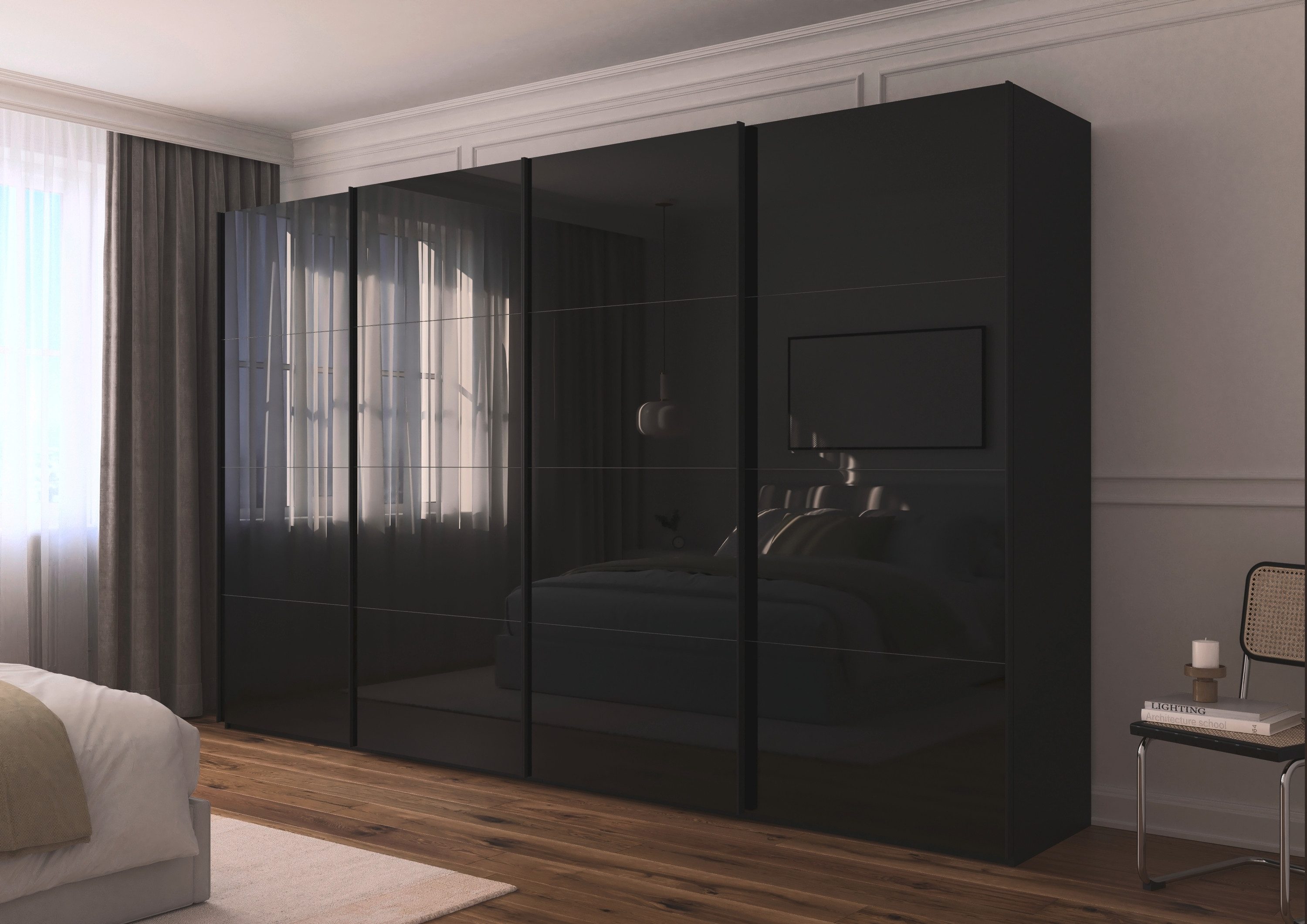 rauch Schuifdeurkast Kledingkast Kast Garderobe Slaapkamerkast SCALE-FYRA edel vierdelige deuren met glas-front veel kleuren made in germany