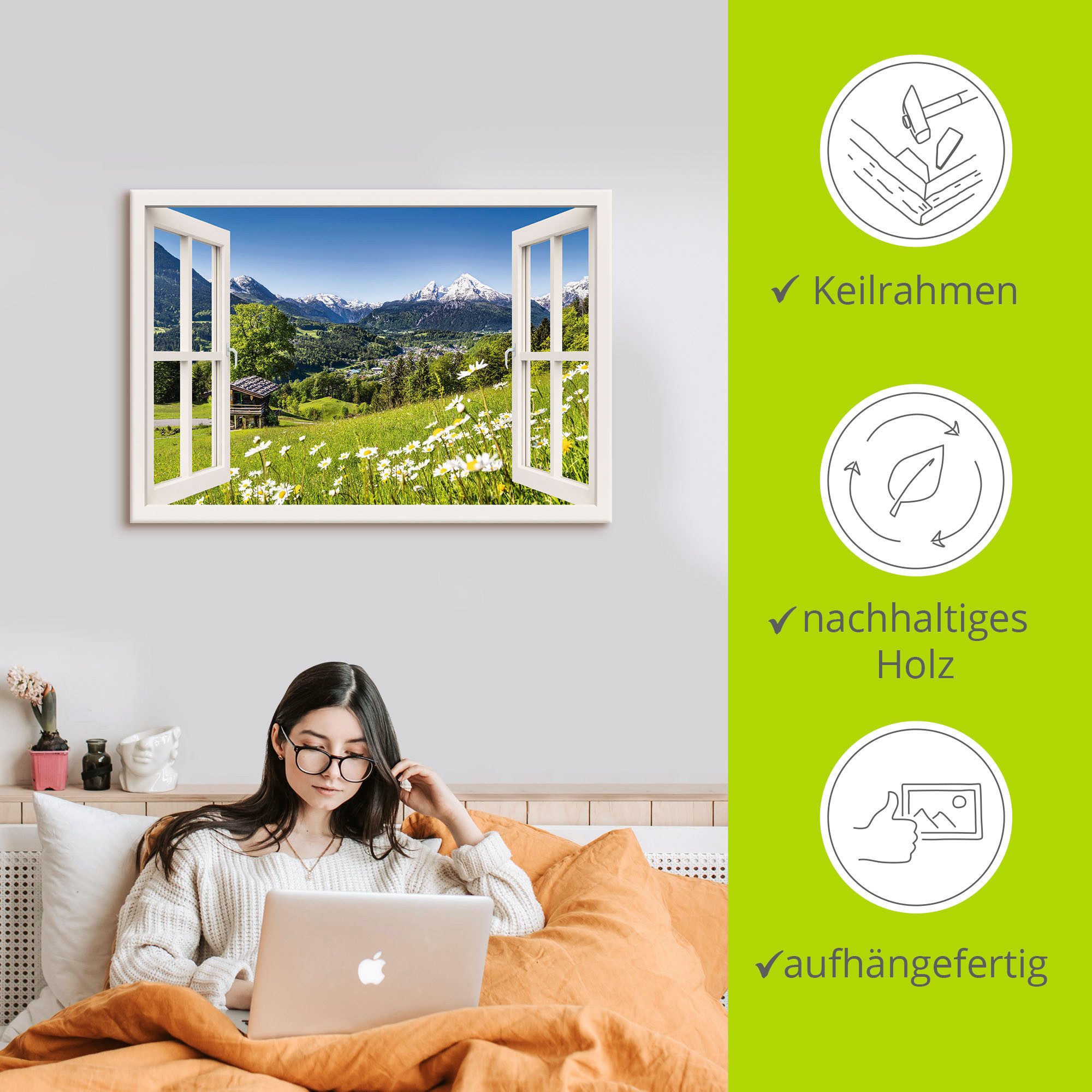 Artland Artprint Blik uit het venster Beierse Alpen als artprint van aluminium, artprint op linnen, muursticker of poster in verschillende maten