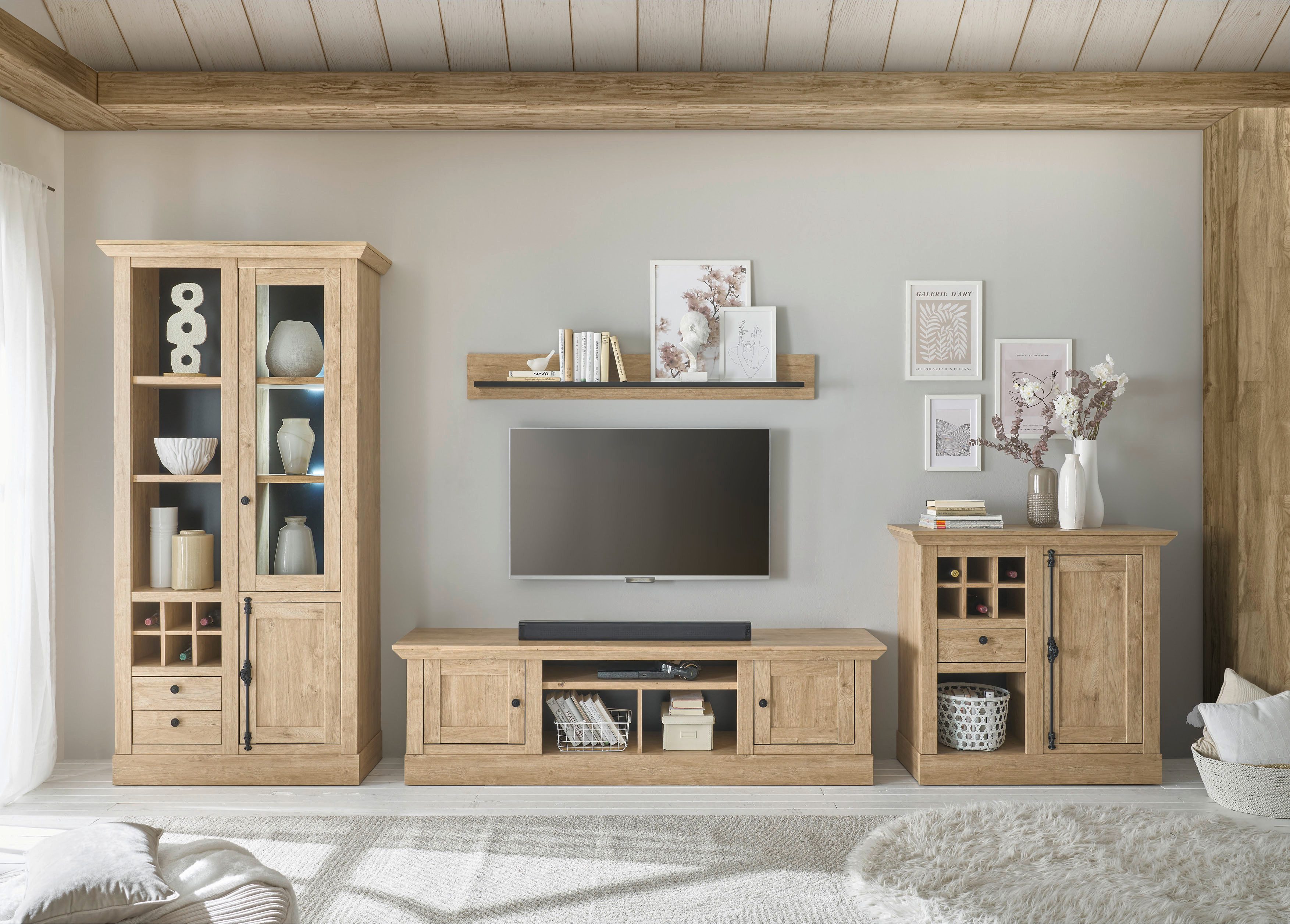 Home affaire Wandmeubel Cornwall, opbouwwand in landelijke stijl, woonkamer-set, eiken decor (set, 4-delig) tv-wandmeubels bruin