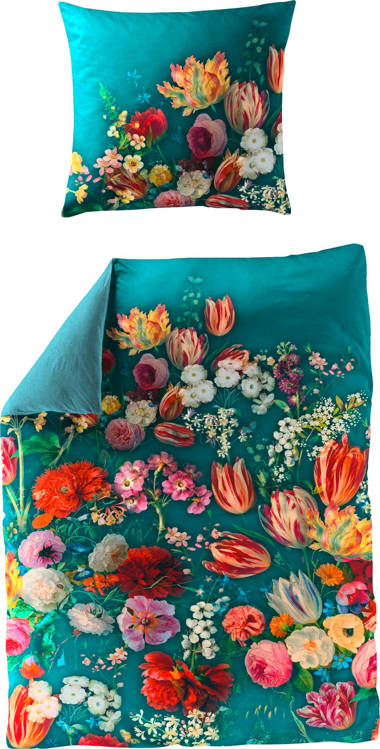 BIERBAUM Tweezijdig te gebruiken overtrekset Petrol Flowers met innovatieve digitale print (2-delig) dekbedovertrekken blauw