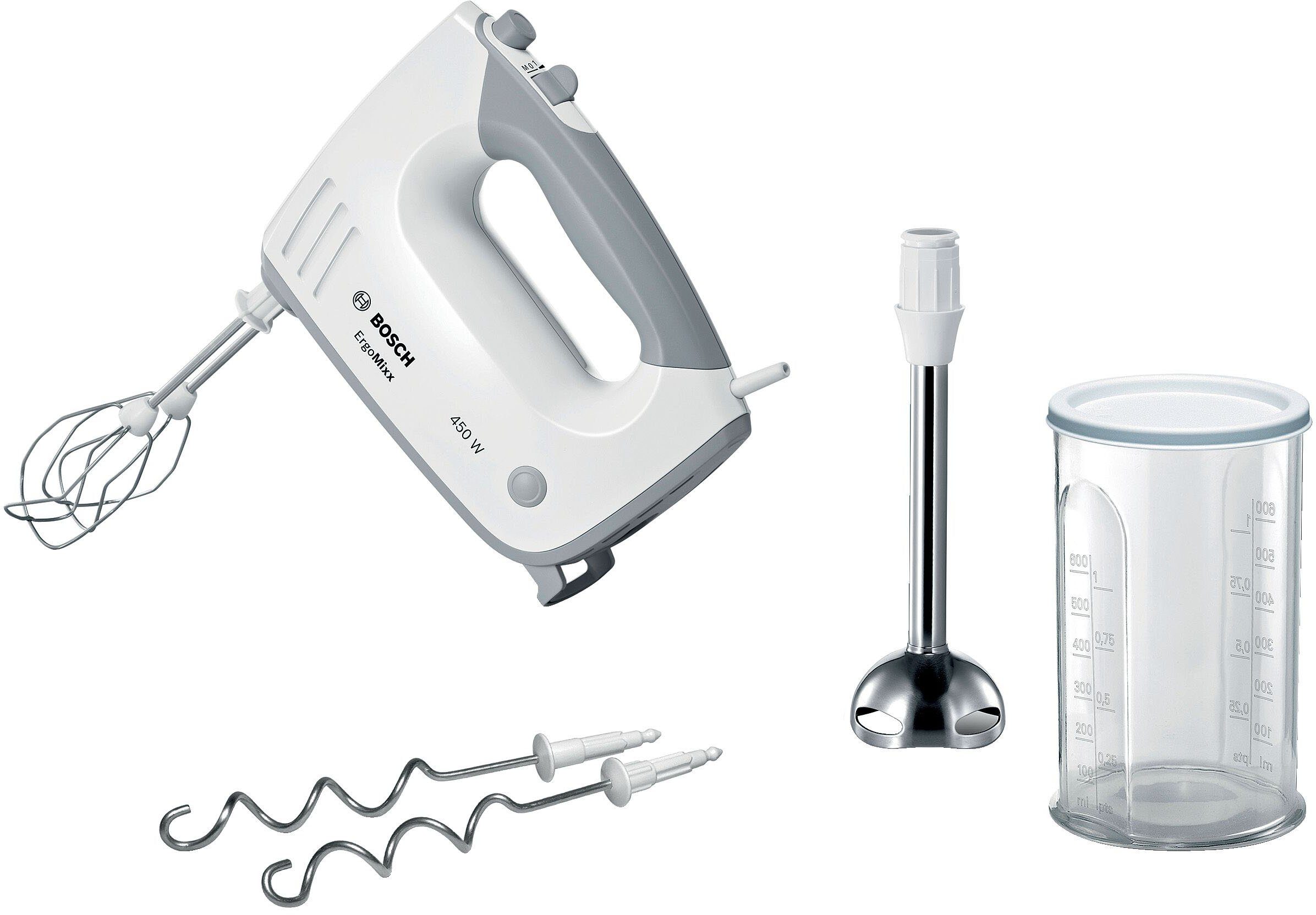 BOSCH Handmixer ErgoMixx MFQ36470, roestvrijstalen garde/kneedhaken, mixvoet, 5 standen, wit