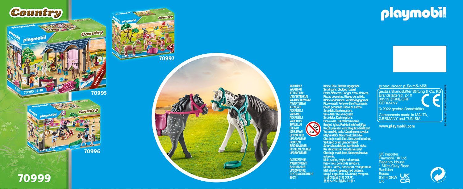Playmobil® Constructie-speelset 3 paarden: het Friese paard, de Knabstrupper & de Andalusiër (70999), Country (11-delig)