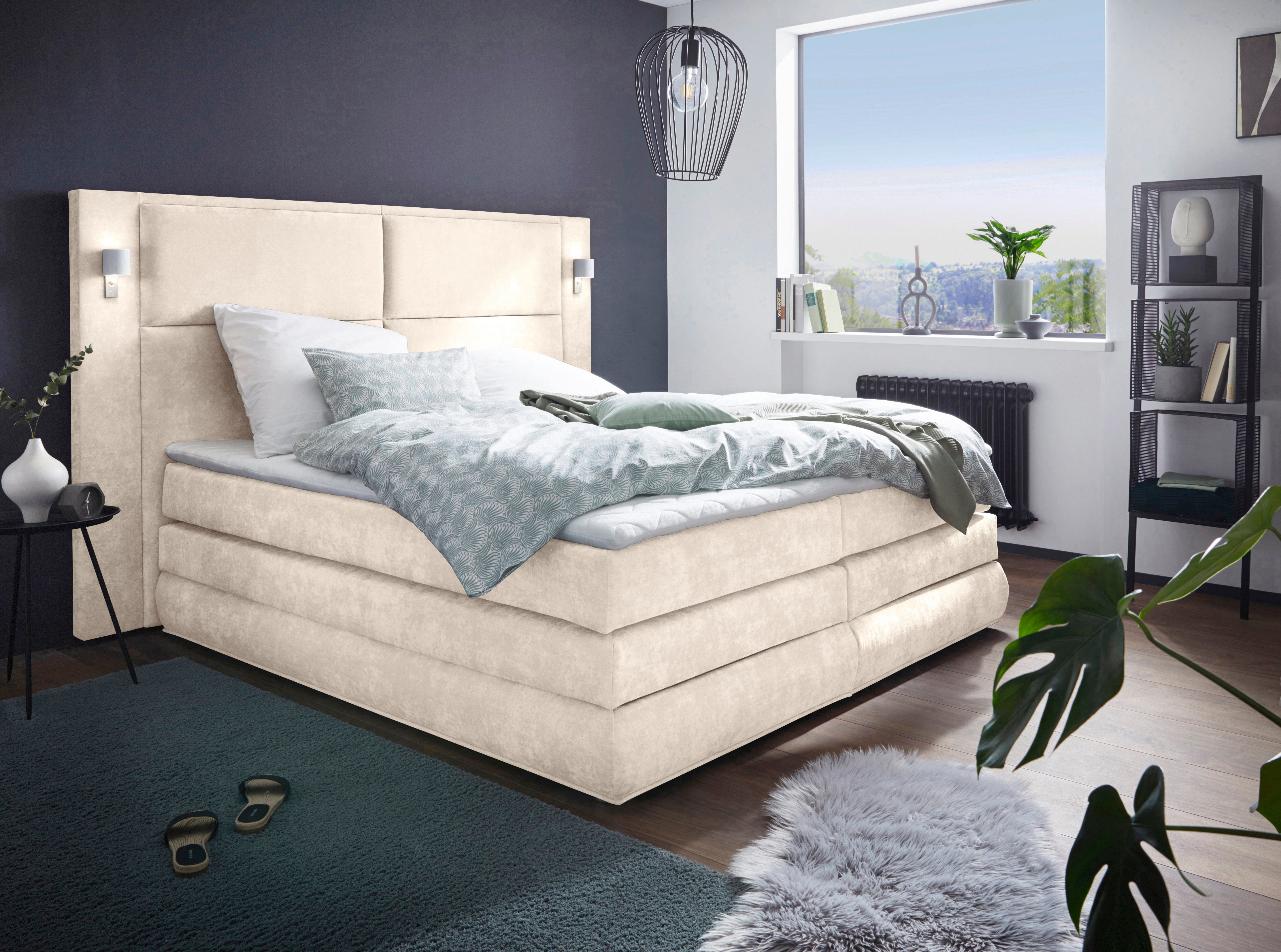 COLLECTION AB Boxspring Copenhagen inclusief bedkist, topmatras, naar keuze met ledverlichting boxsprings maat Luxe-microvezel IBIZA beige