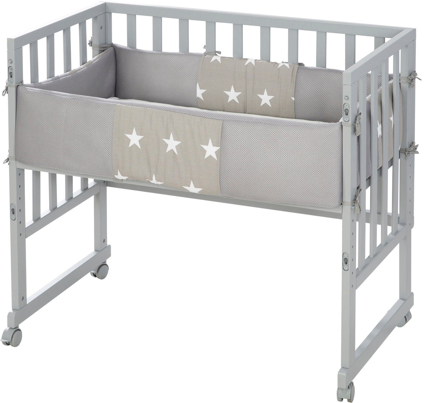 Roba® Wieg Safe Asleep® 2-in-1, taupe, Little sterren met 4 wieltjes, matras, hoofdbeschermer en veiligheidsbarrière