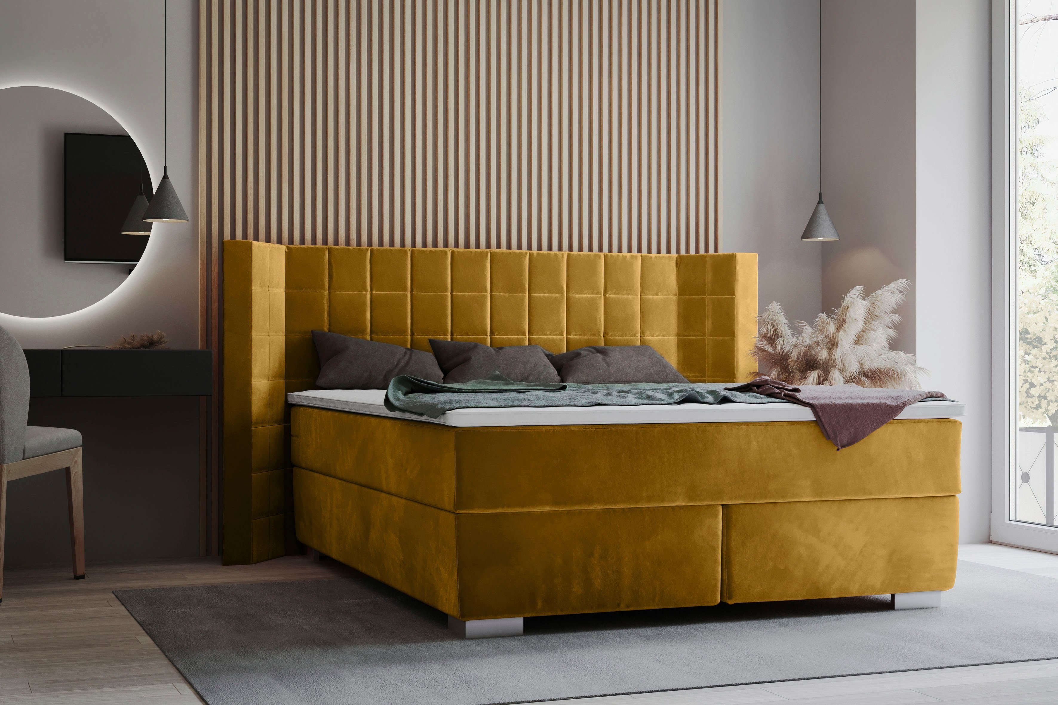 Places of Style Boxspring Piazza met stiksels en hoofdbord met vleugels opzij boxsprings geel