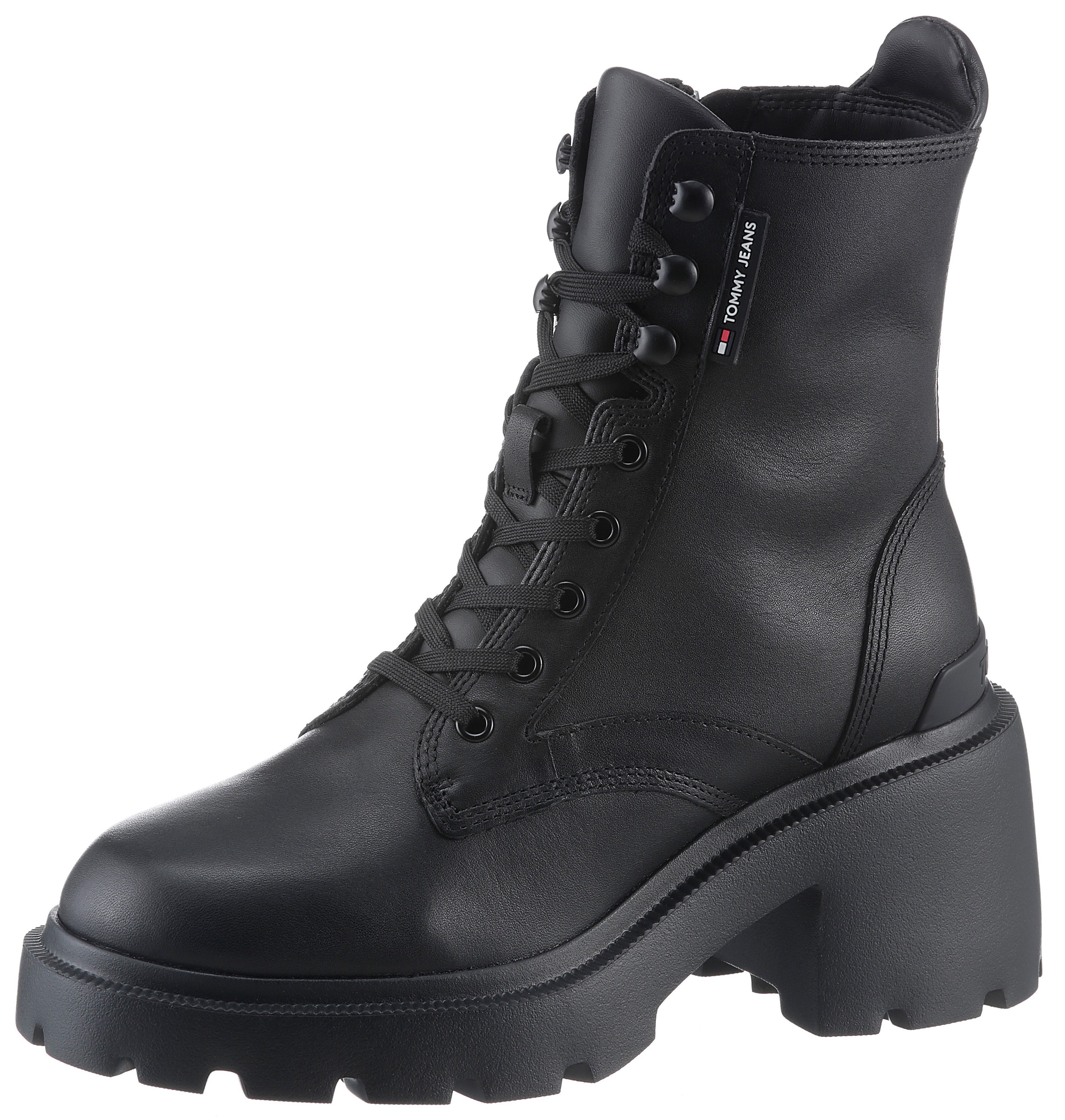 TOMMY JEANS Veterlaarsjes TJW MID HEEL BOOT LEATHER blokhak, plateau, veterschoenen, chunkyboots met label