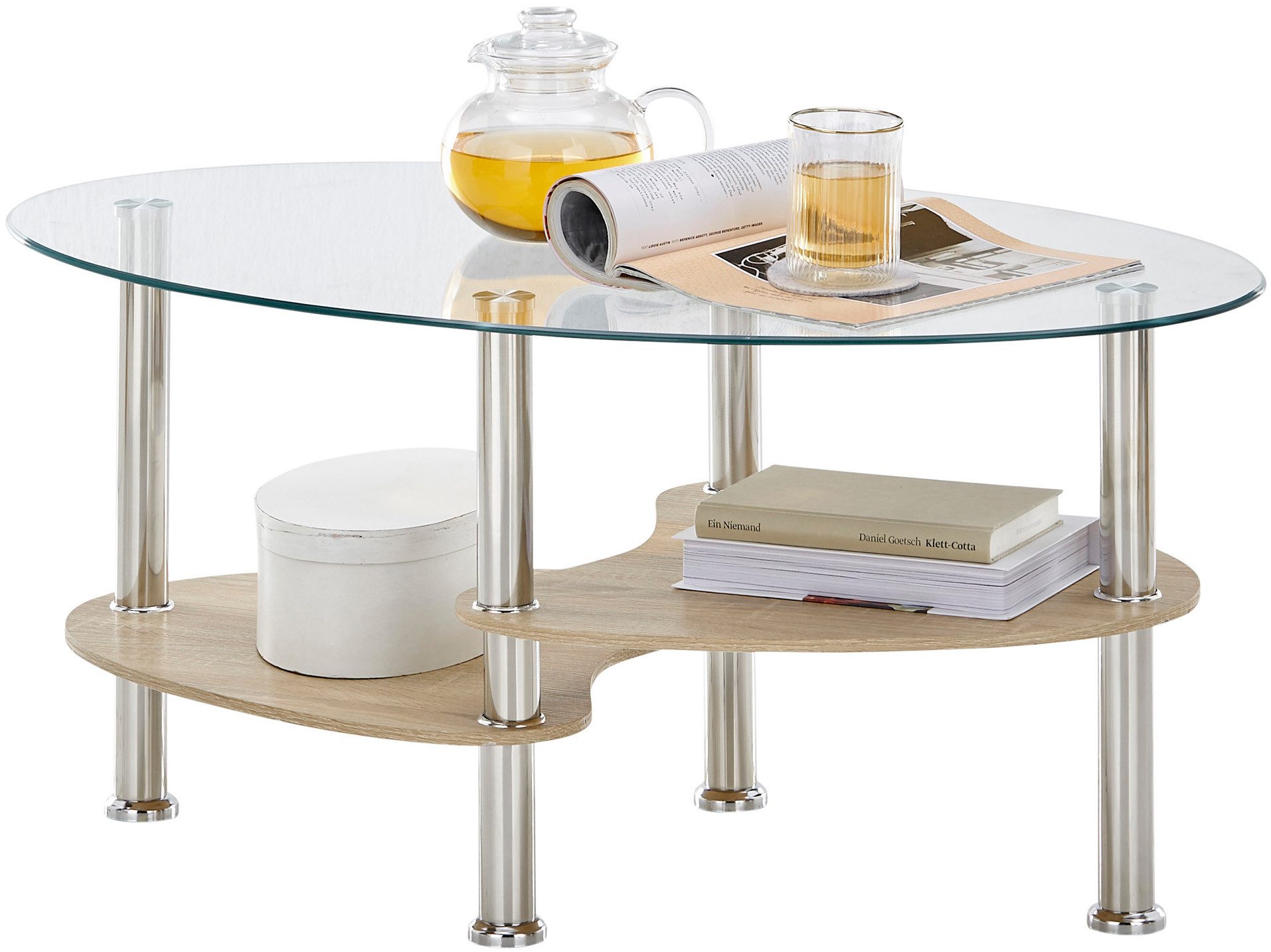 OTTO Stolkom Salontafel Panty glazen tafel, salontafel, bijzettafel glas BxHxD 90x42x55 cm Veiligheidsglas 8 mm, legplank in MDF eiken Artisan en