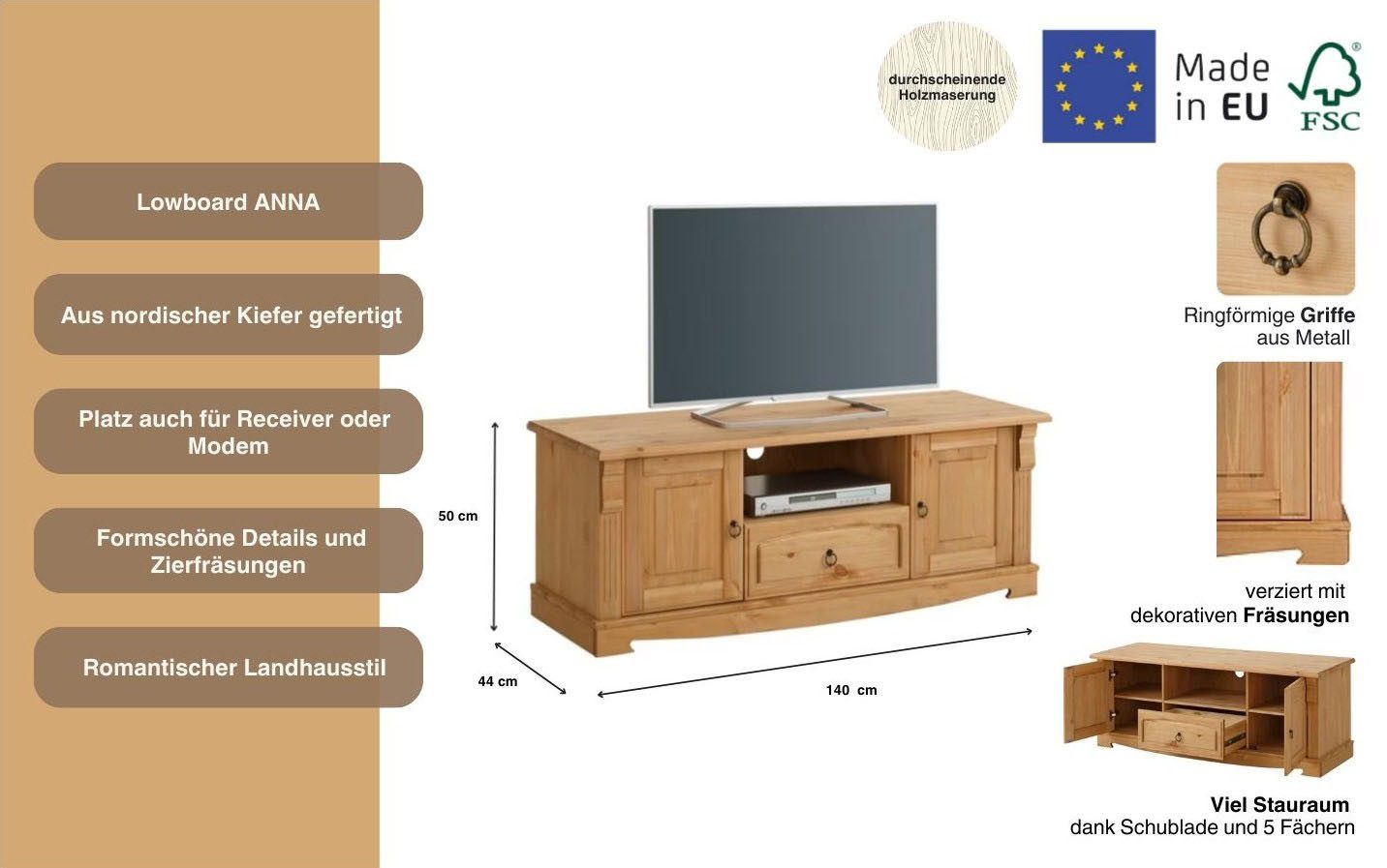 Home affaire Tv-meubel ANNA Breedte 140 cm, 2 deuren, met 1 lade, van massief grenen, FSC®