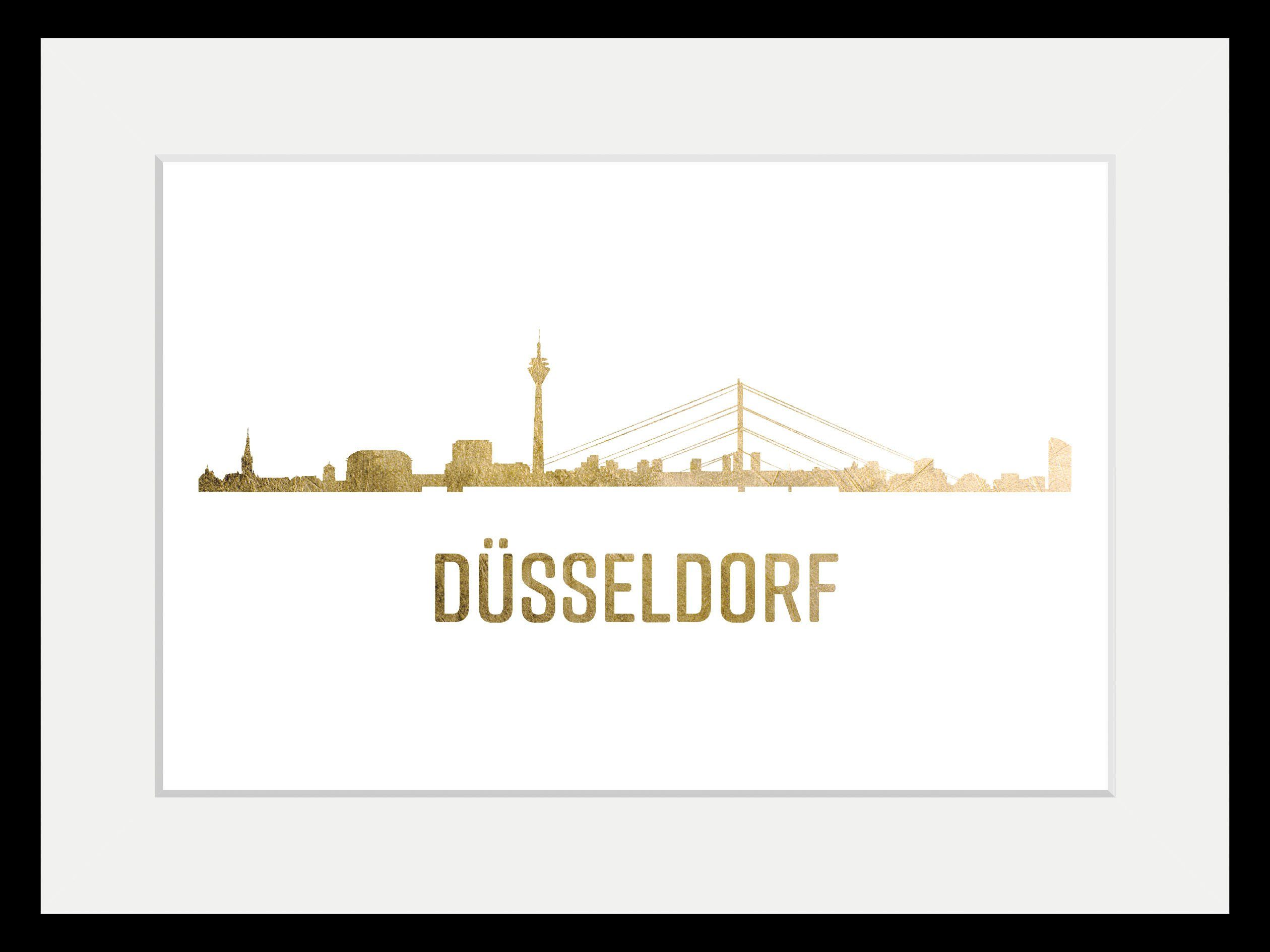 queence Wanddecoratie Düsseldorf skyline GOLD HD premium posterdruk incl. houten lijst (1 stuk)