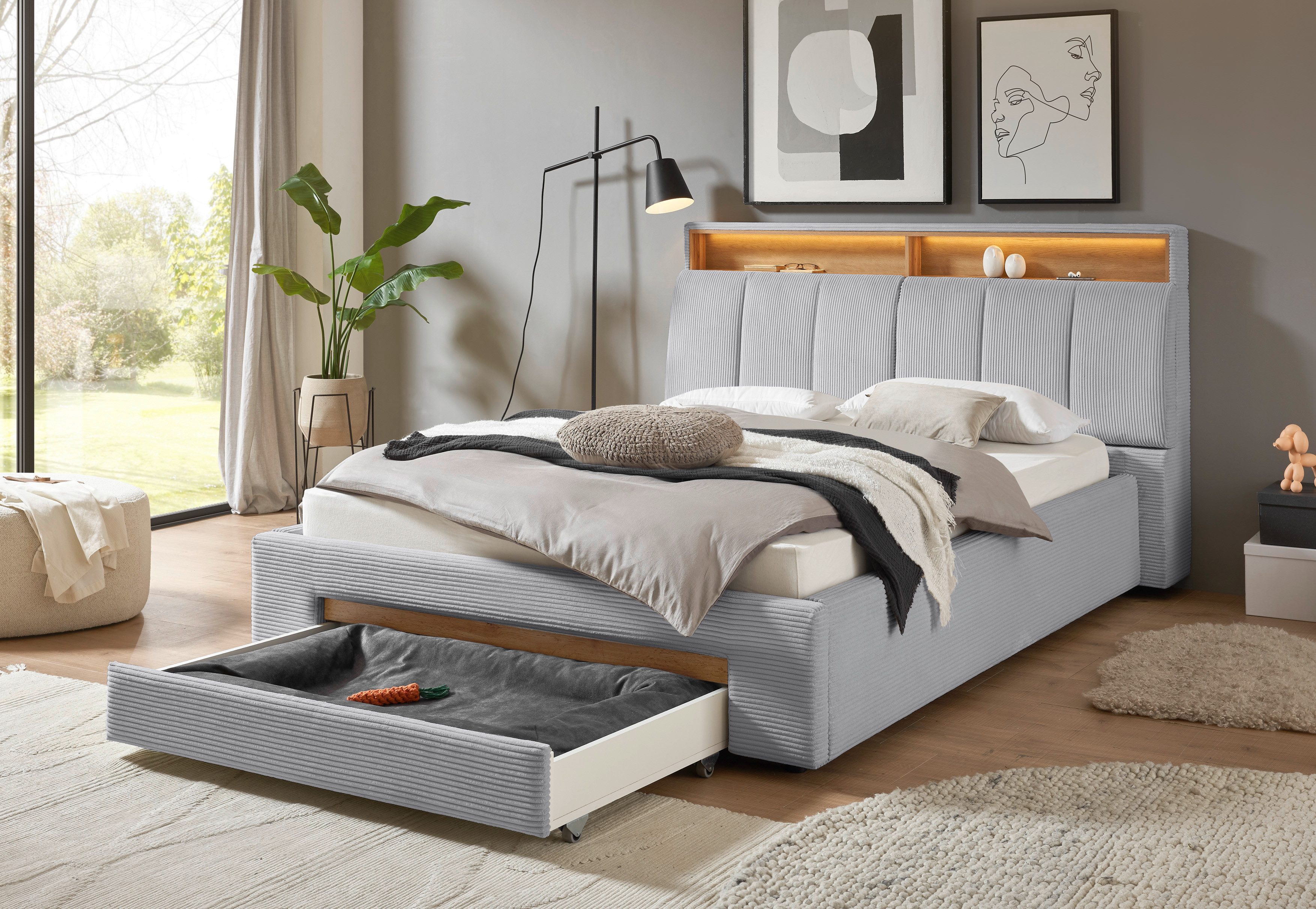 INOSIGN Gestoffeerd bed CiTY/GiRON,, gepolsterd opbergbed, met LED-verlichting Bedkisten met hondenbed of als opbergruimte, opklapbare hoofdeinden
