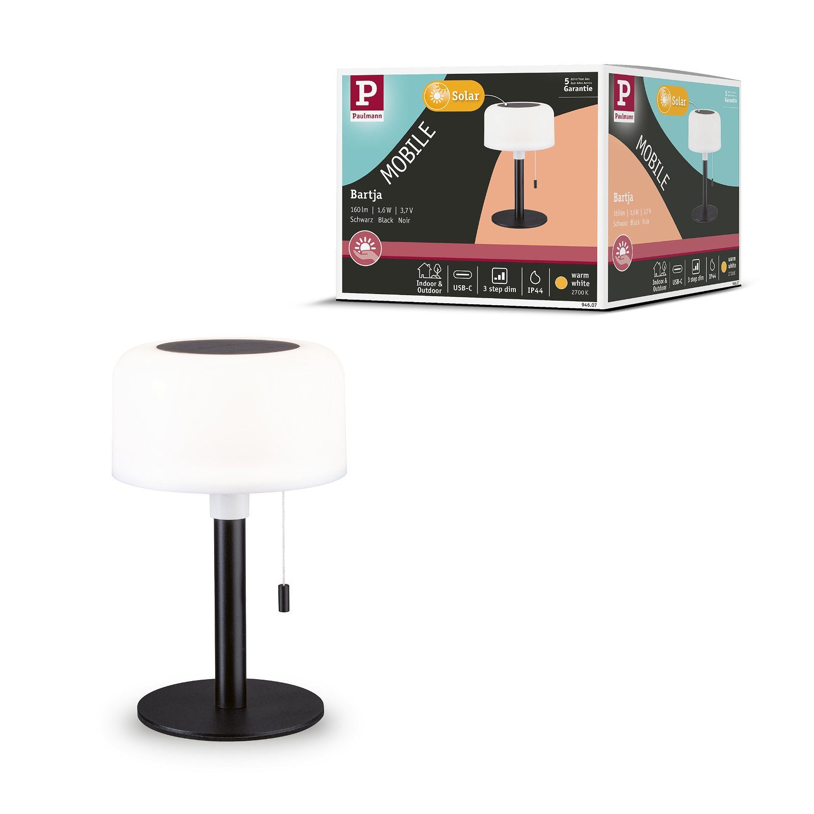 Paulmann Led-tafellamp voor buiten Mobiele Solar Bartja IP44 2700K USB-C Accu (1 stuk)