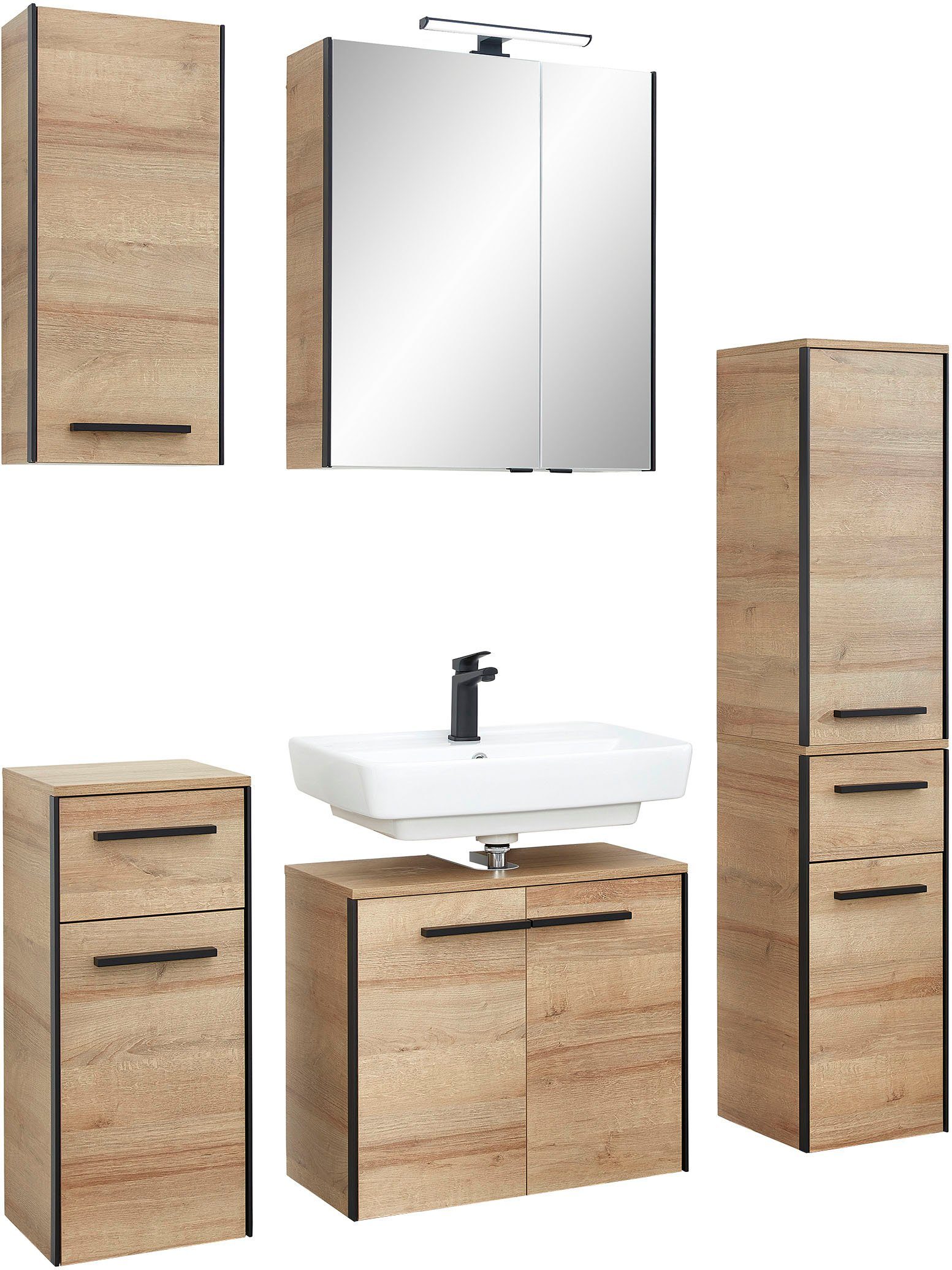 Saphir Badkamerserie Quickset 395 5-delig, wastafelonderkast met led-spiegelkast Onderkast, hangend kastje, halfhoge kast, inclusief deurdemper, 7 deuren (6-delig)