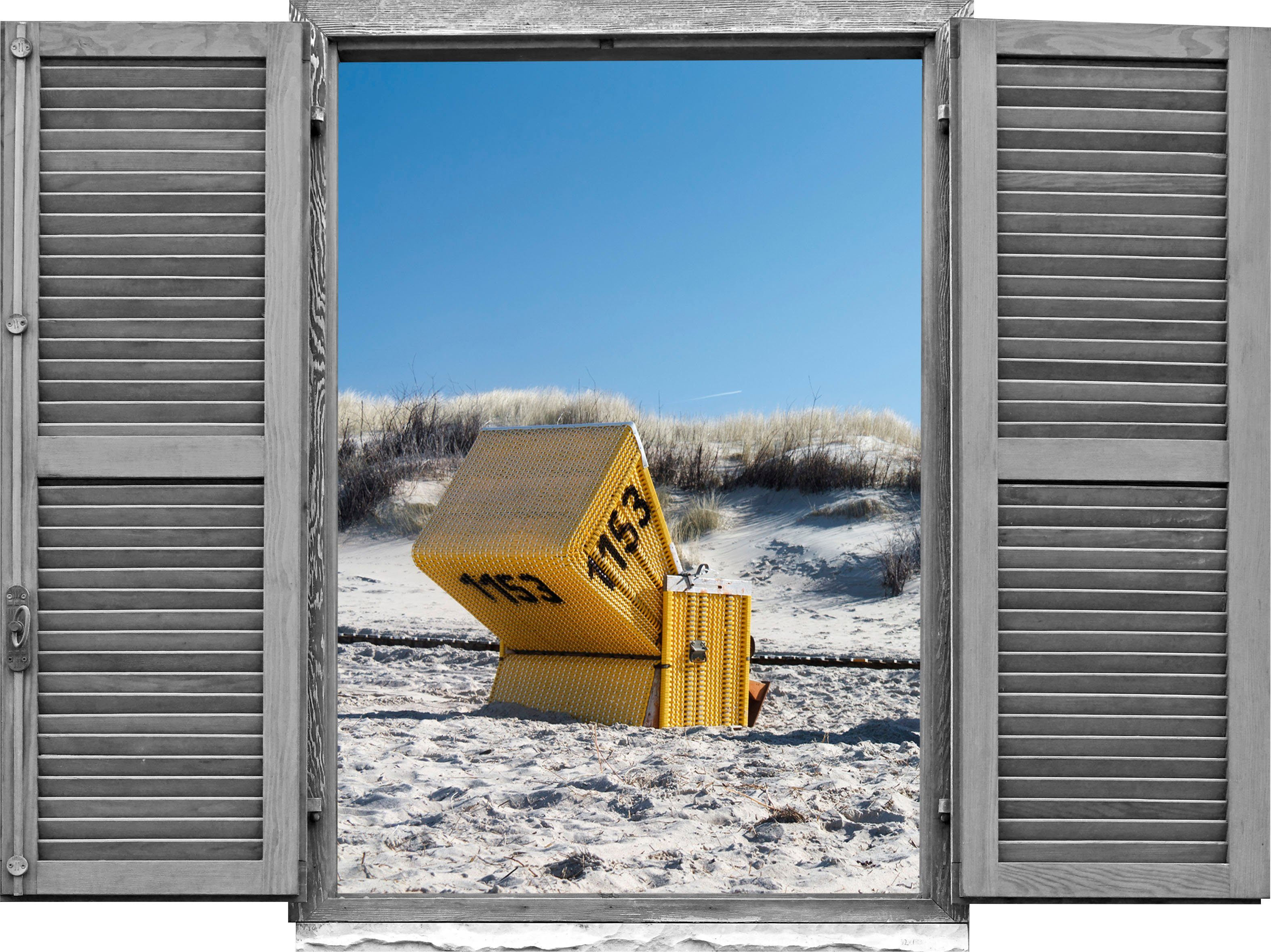 queence Wandfolie Strandstoel Muursticker, muurdecoratie, zelfklevend, 3D, raam (1 stuk) wandstickers blauw