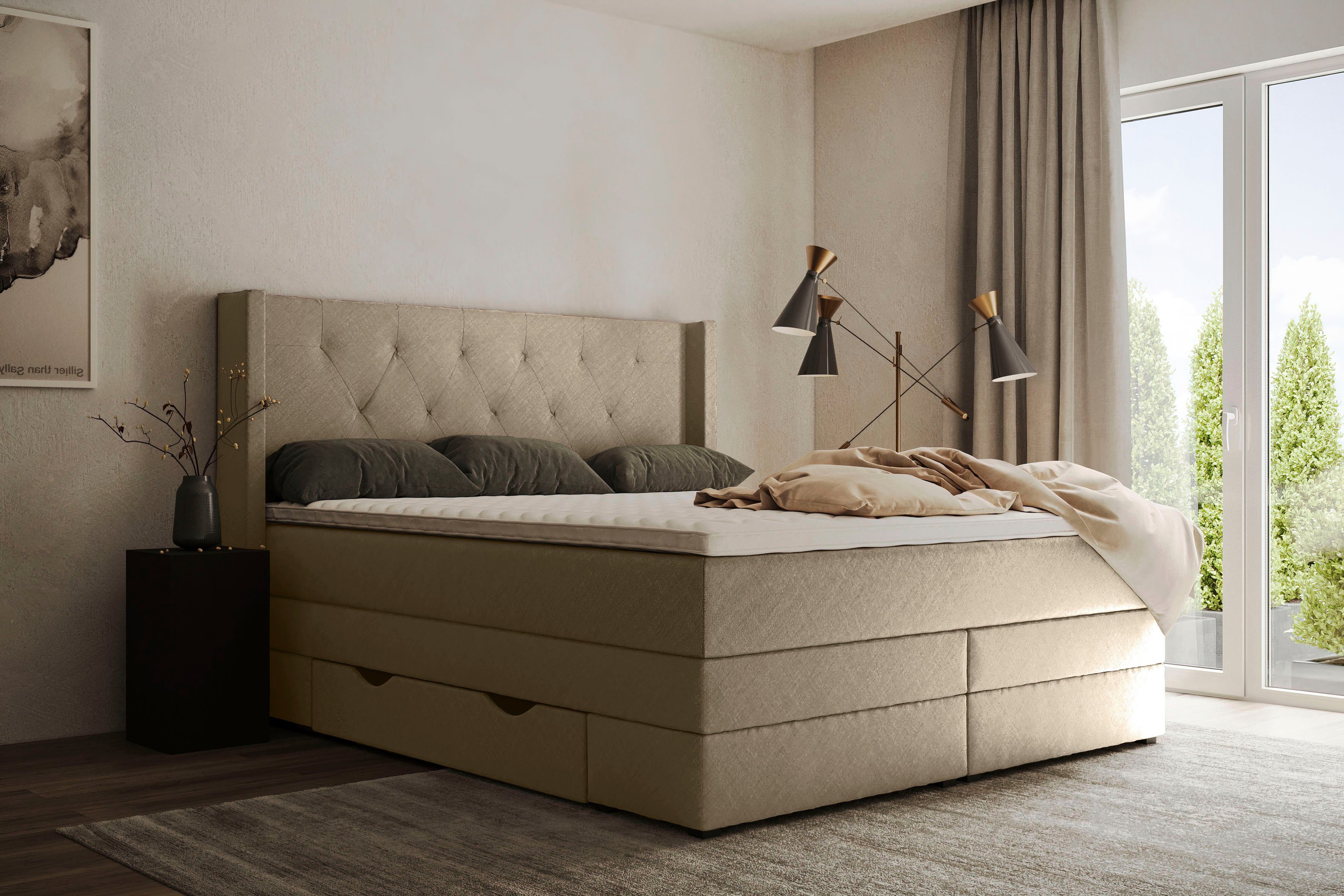 Places of Style Boxspring Elegance met mooie capitonnage, in de hardheden h2 & h3, inclusief laden boxsprings beige