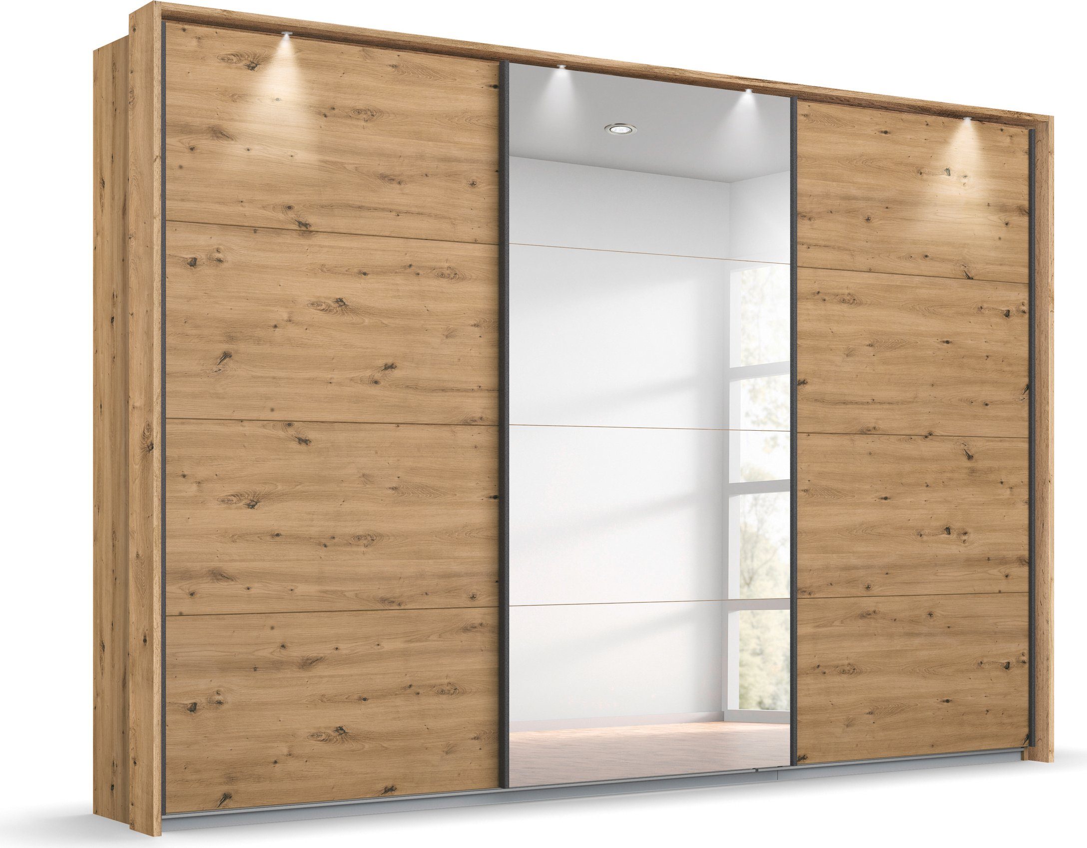 rauch Zweefdeurkast Oteli met spiegel in het midden en passe-partout, optioneel met verlichting zweefdeurkasten maat 278 cm x 214 cm x 68 cm beige