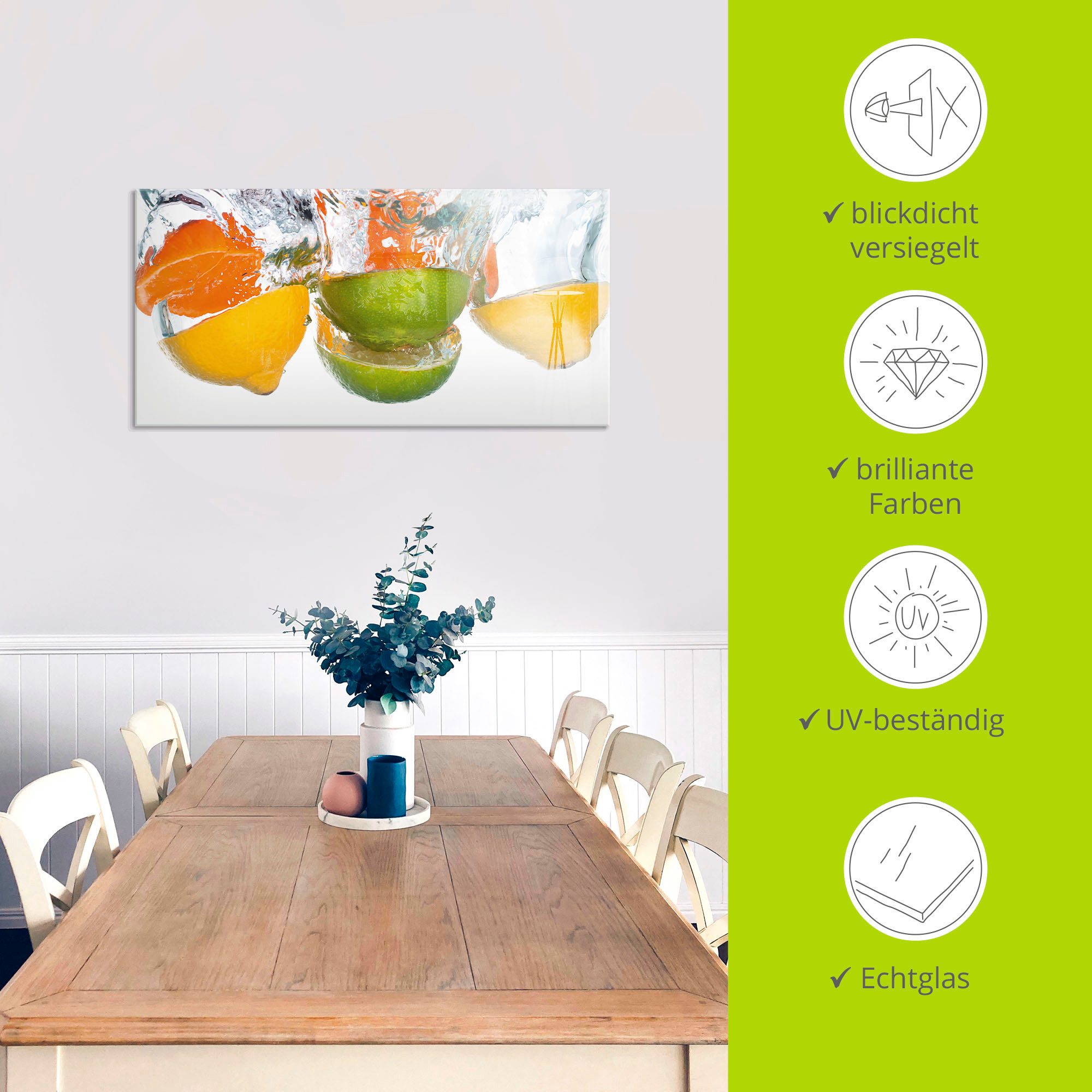 Artland Print op glas Citrusvruchten vallen in helder water