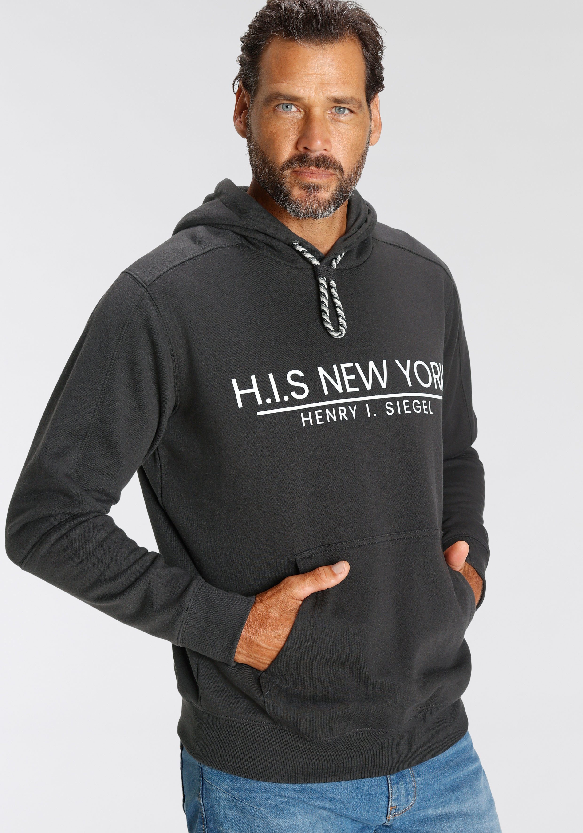H.I.S Sweatshirt bedrukt ontwerp, met capuchon en koord, van katoenmix