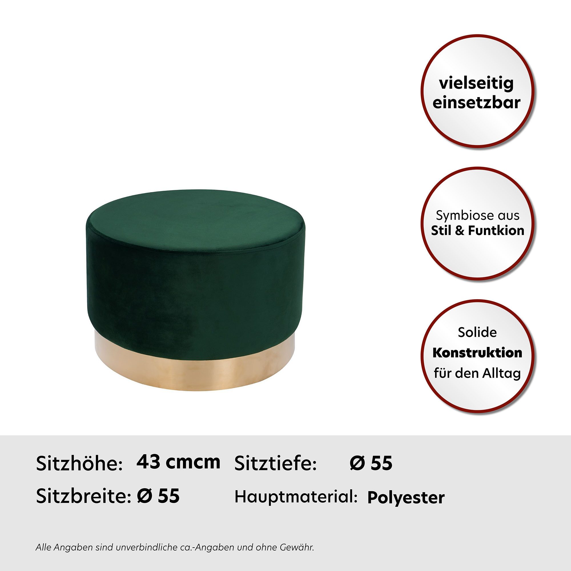 Kayoom Hocker Nano 510, hocker in stijlvol ontwerp, zachte schuimzitting Goudkleurige accenten, met onderhoudsvriendelijke stofbekleding, grote ronde vorm (1 stuk)
