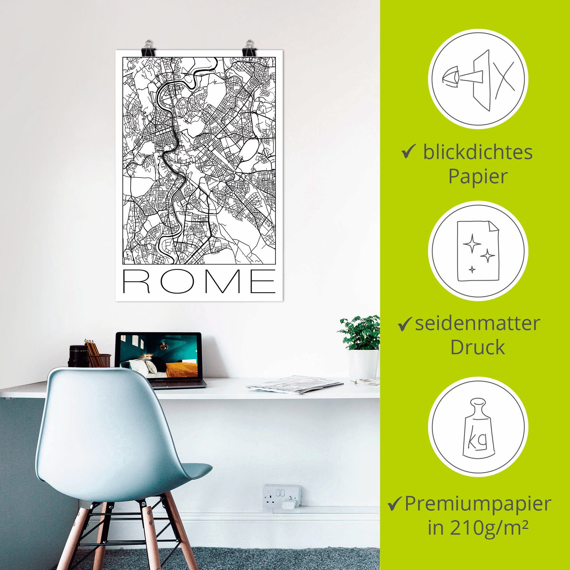 Artland Poster Retro kaart Rome Italië zwart & wit als artprint van aluminium, artprint op linnen, muursticker of poster in verschillende maten