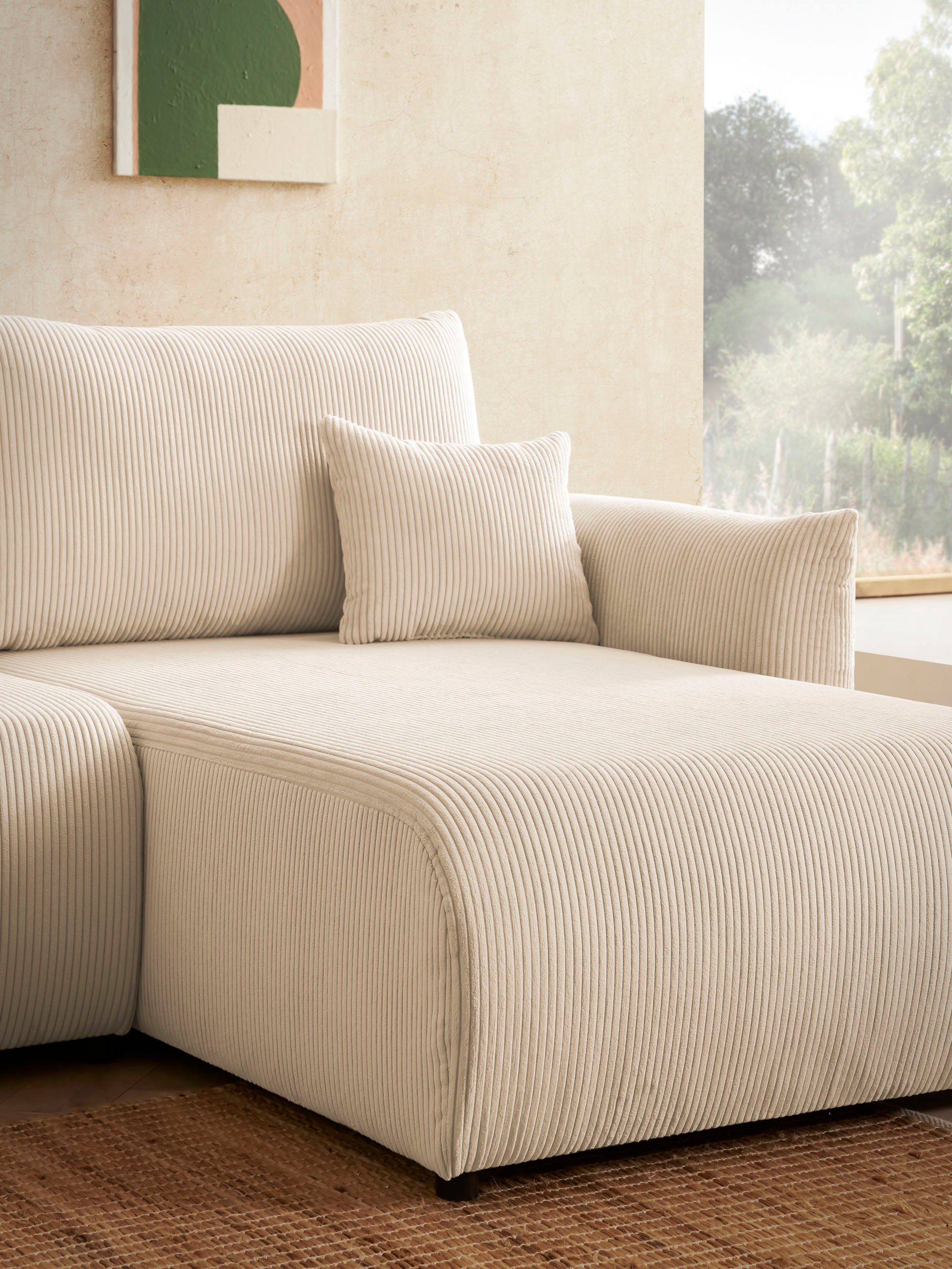 INOSIGN Hoekbank MAVAS bedbank met bedkist, L-model, ca. 257/127 cm (ligoppervlak 212/145 cm), ribfluweel, chenille, structuur