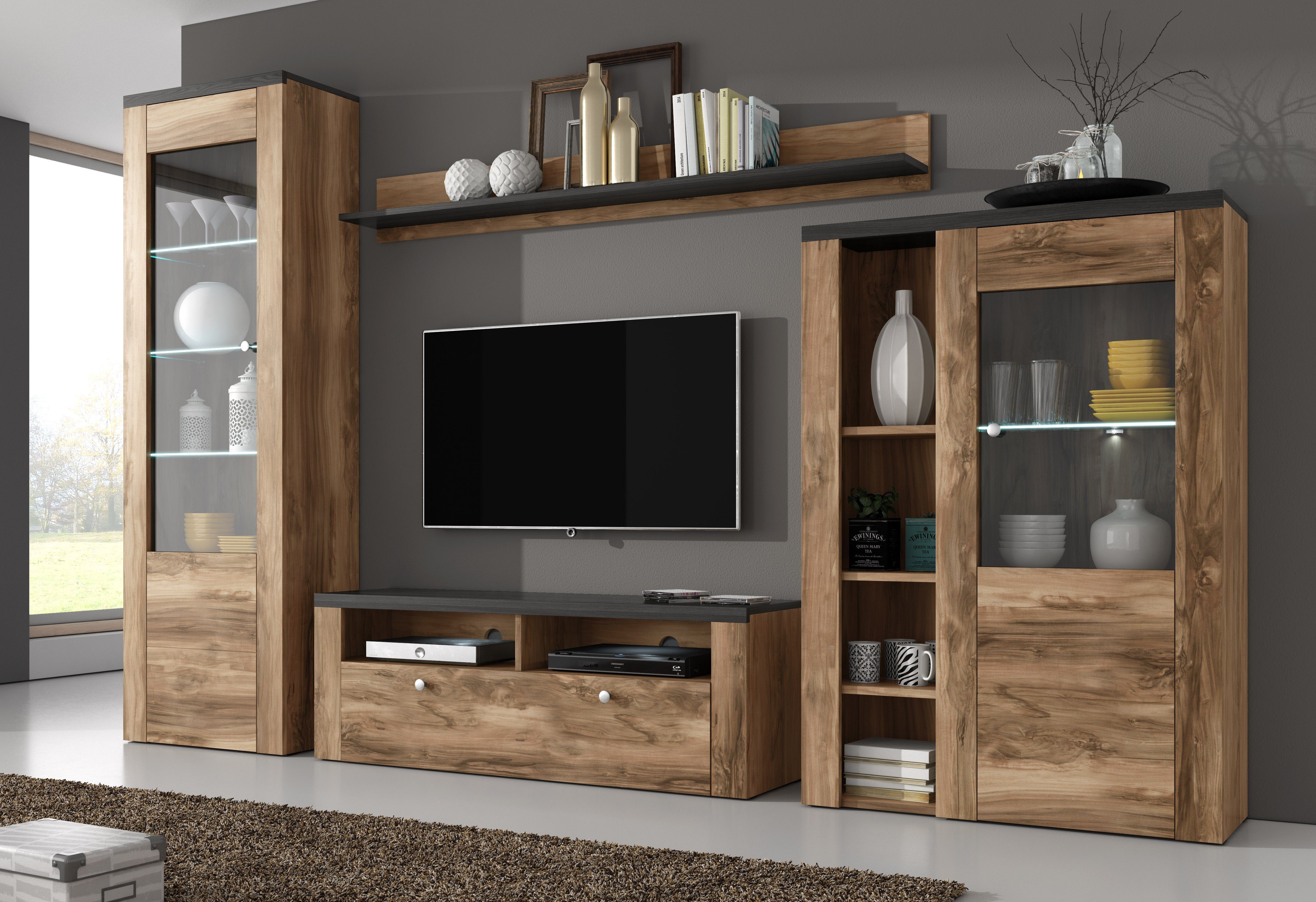 Home affaire Wandmeubel Larona, aanbouwwand, set van 4 delen bestaande uit 1 tv-board, 1 highboard, 1 vitrine, 1 wandplank (set, 4 stuks)