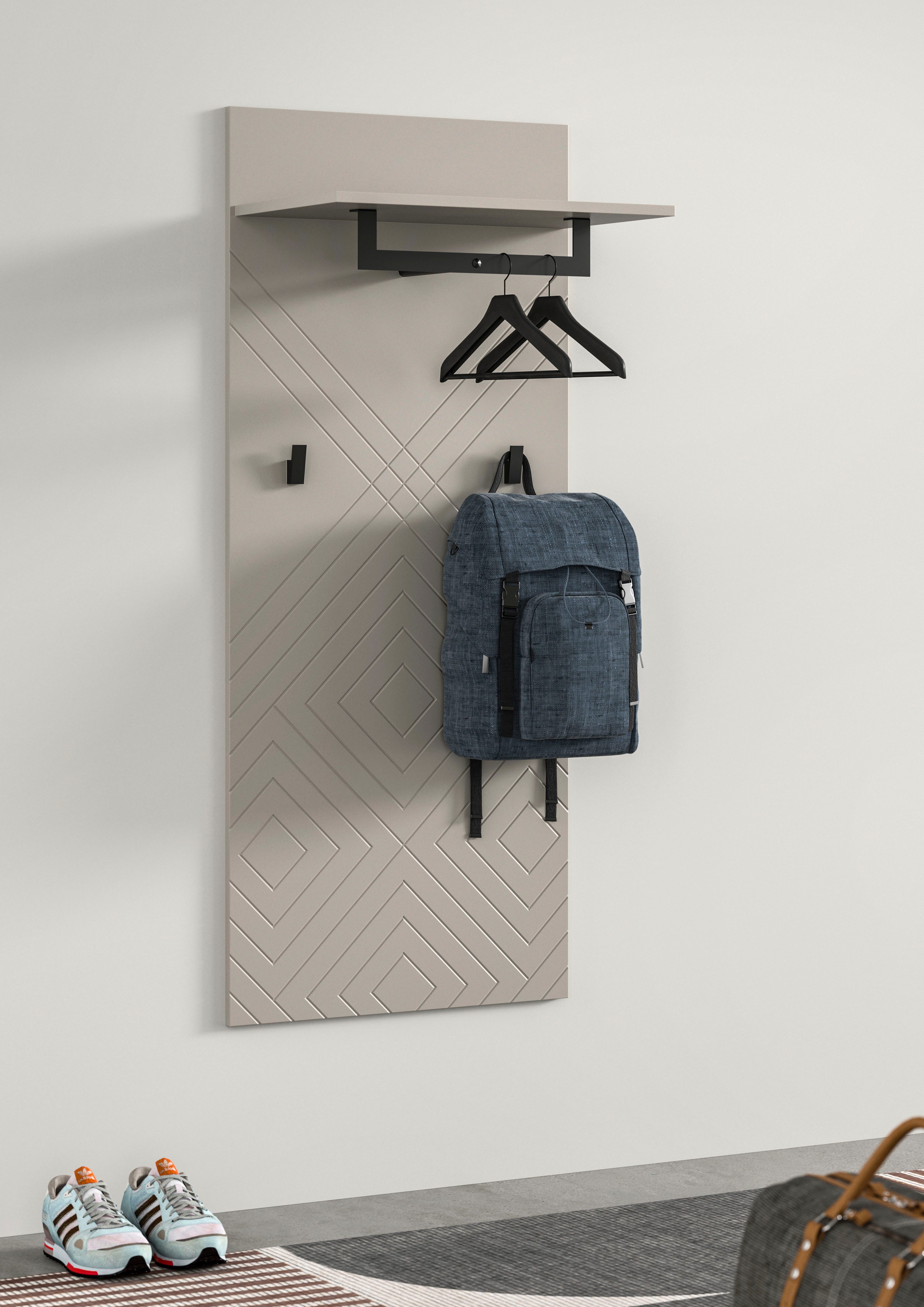 INOSIGN Kapstokpaneel Mento, Hoogte 140 cm, paneelachterwand met ornamentfrezing 2 haken & 1 kledingstang van metaal, paneel, wandpaneel, garderobe (1 stuk)