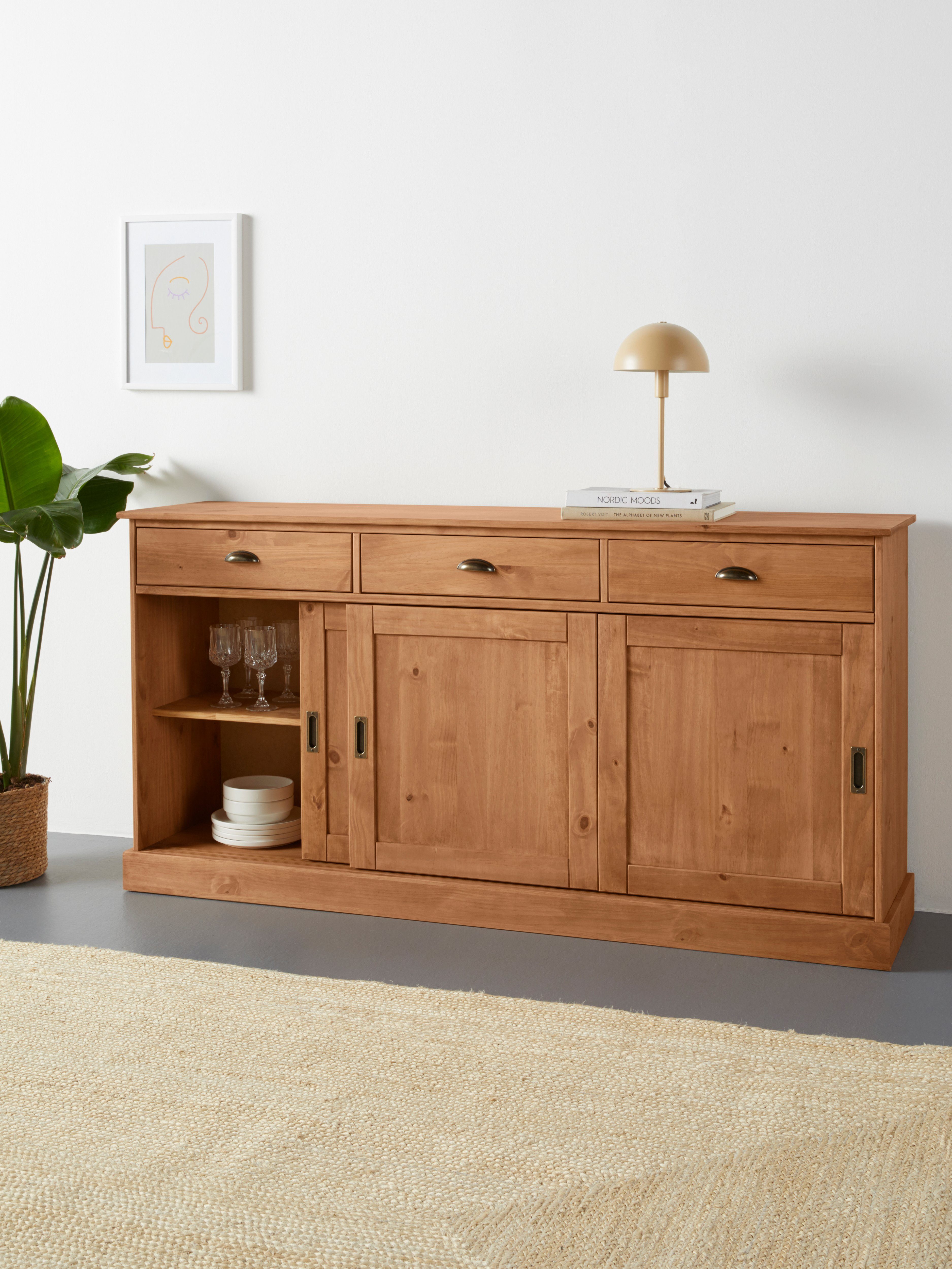 Home affaire Dressoir Schröder Commode, 3 schuifdeuren, 3 lades, van massief dennenhout