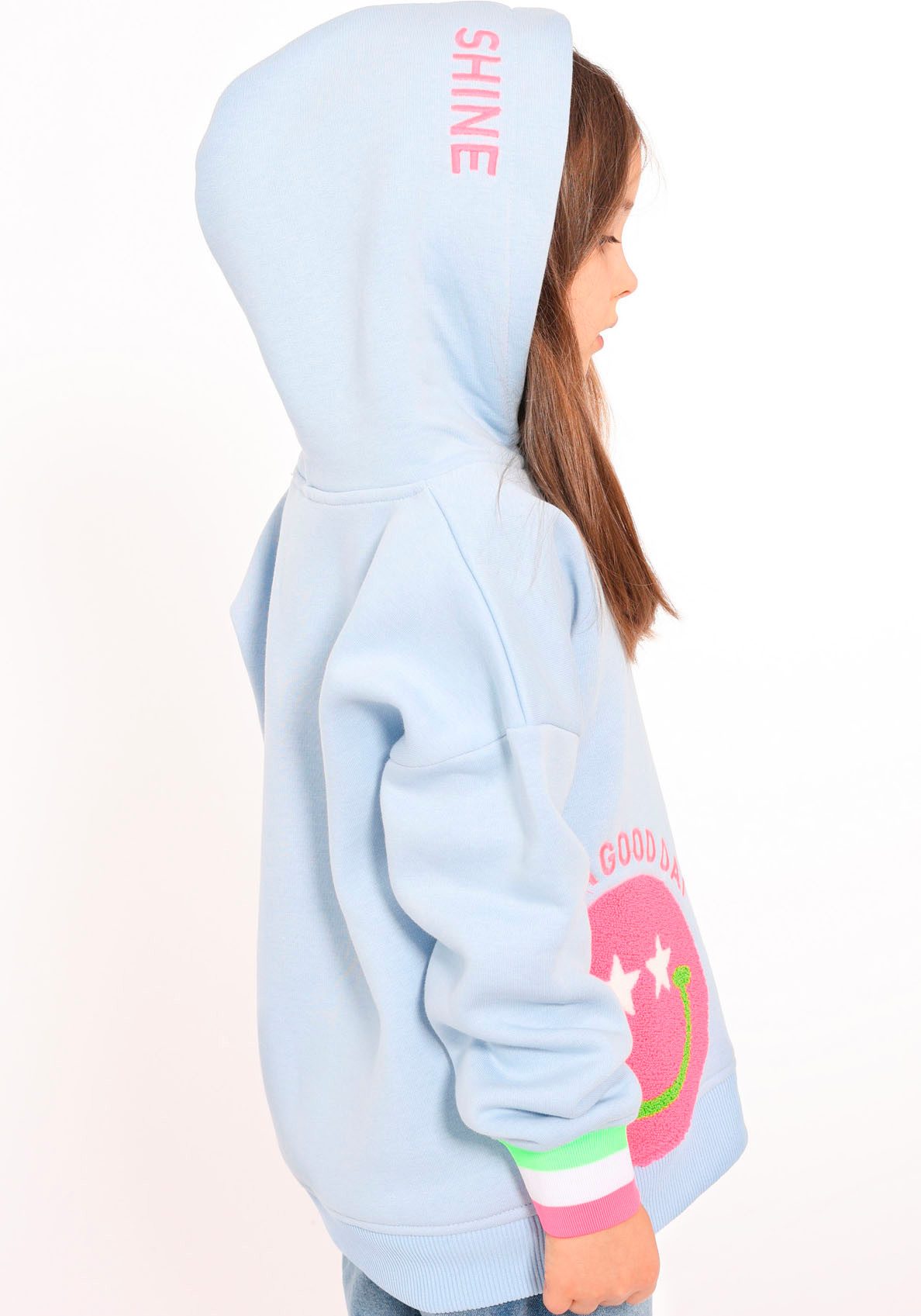 Zwillingsherz Hoodie Always Happy Kids met grote smiley en neonkleurige details