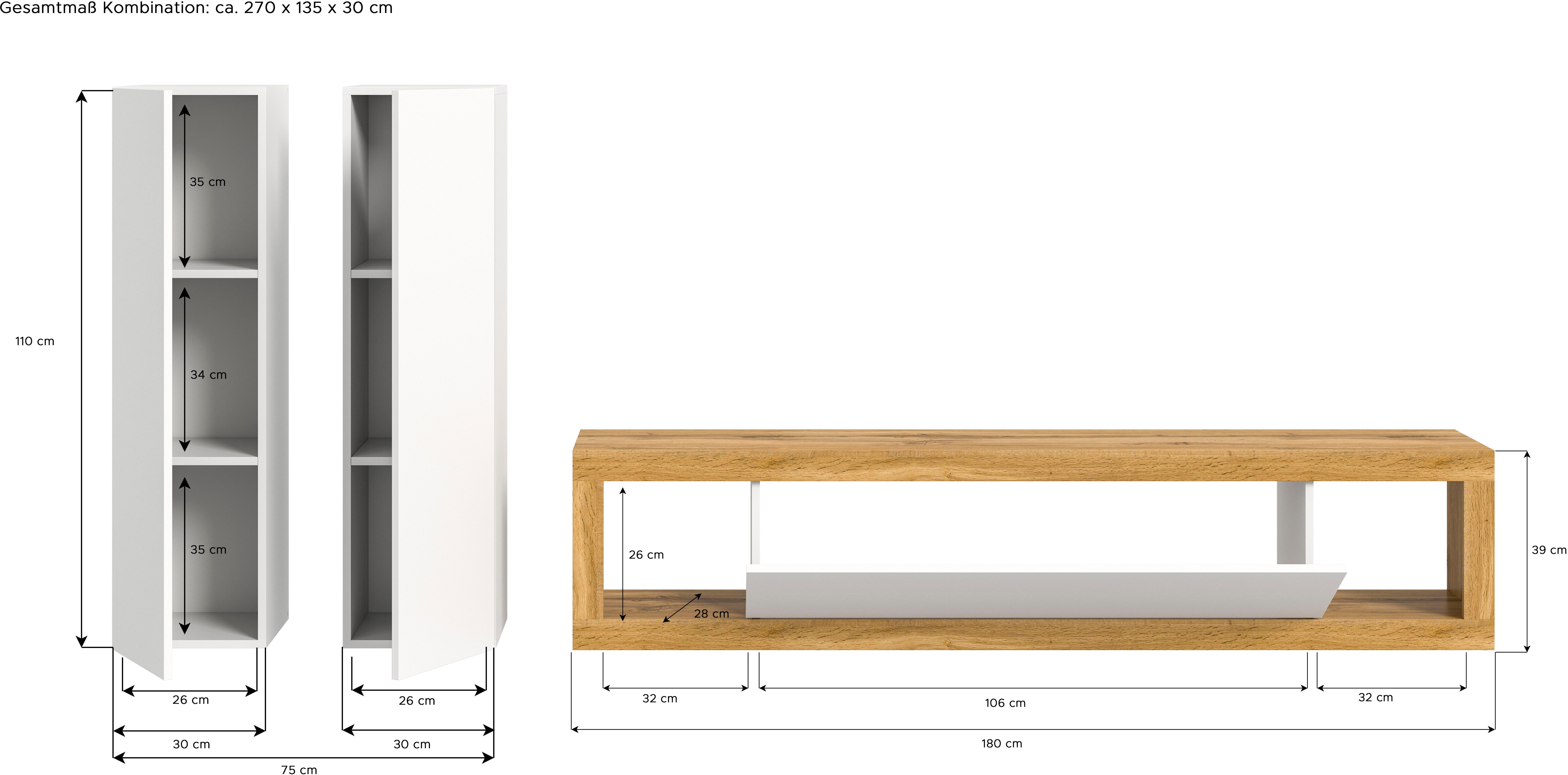 INOSIGN Wandmeubel Trinity,Breedte 270 cm, 1 Lowboard (staand en hangend monteerbaar)(3-delig)