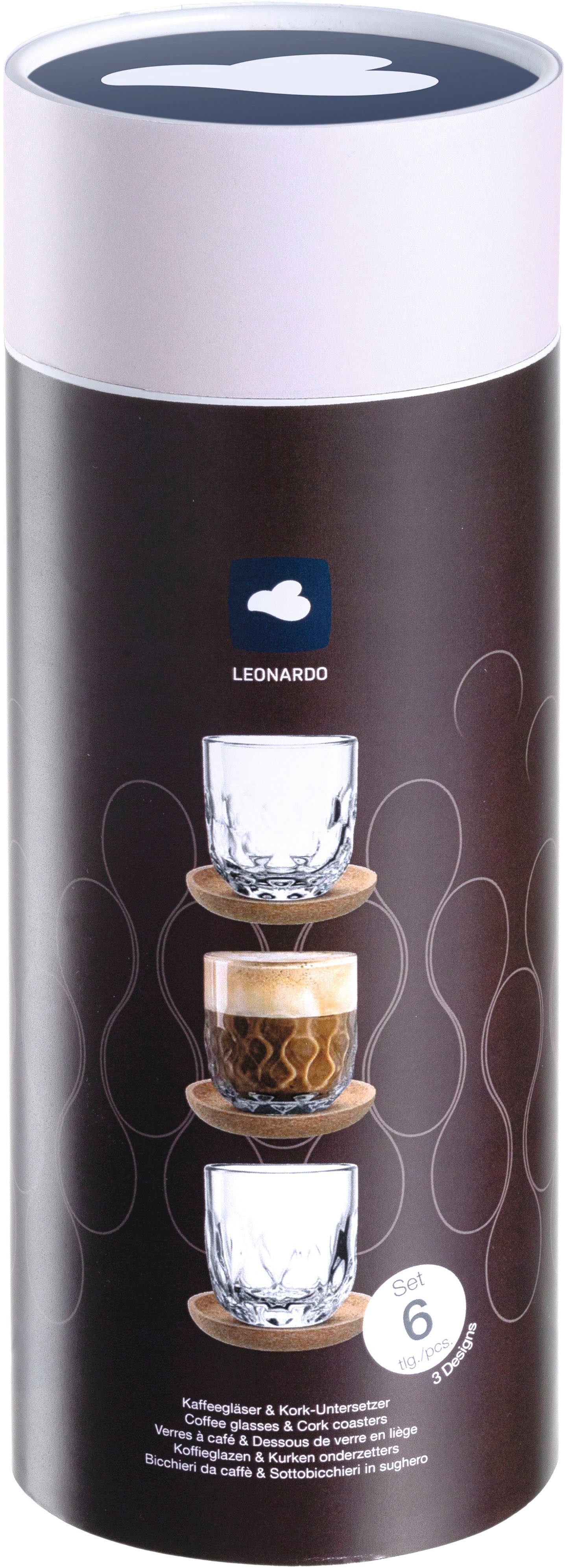 LEONARDO Glazenset Koffie set GOCCE, 220 ml, 6-delig 3 glazen met verschillend druppelreliëf, incl. kurken onderzetters (set)