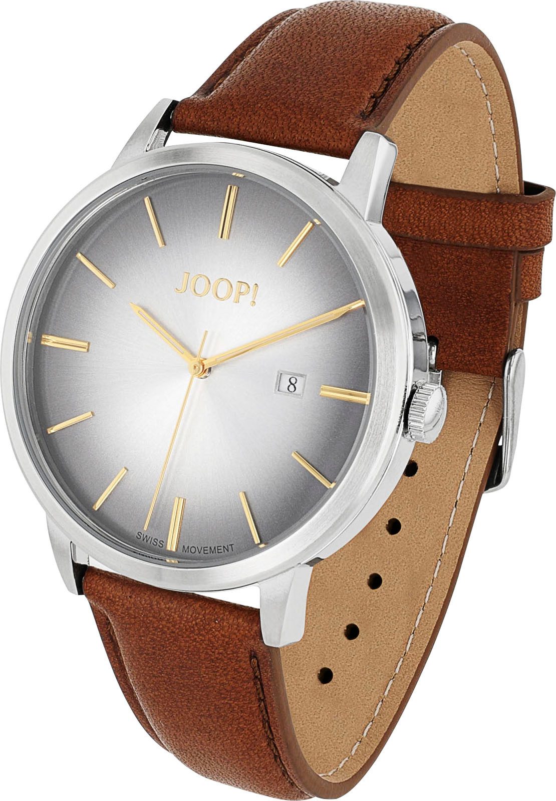 Joop! Kwartshorloge Polshorloge, herenhorloge, leren band, datum, roestvrijstalen achterzijde vastgeschroefd