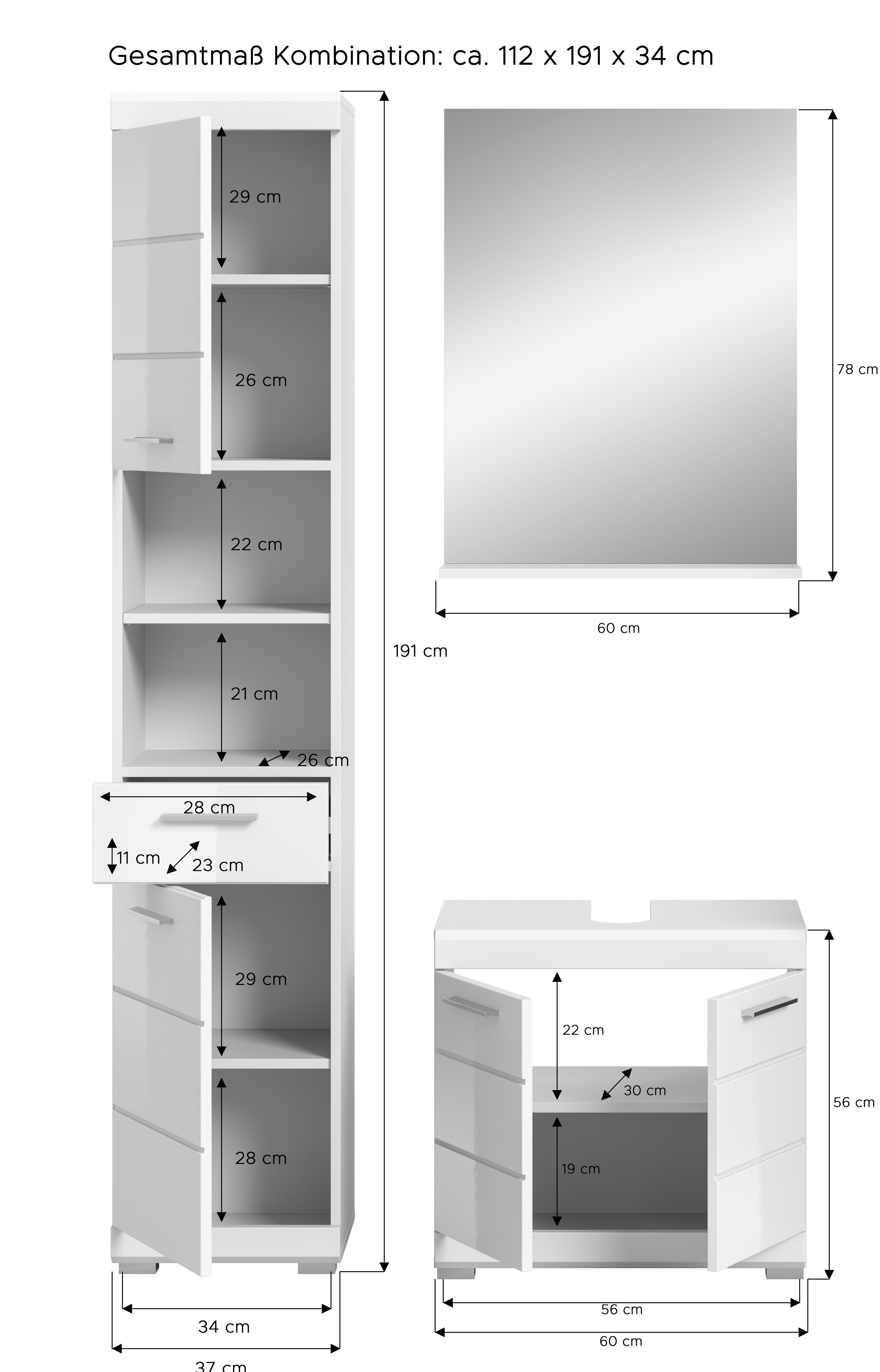 INOSIGN Badkamerserie Siena, 3-delig, bestaande uit: Hoge kast, wastafelonderkast, spiegel (set, 3-delig)