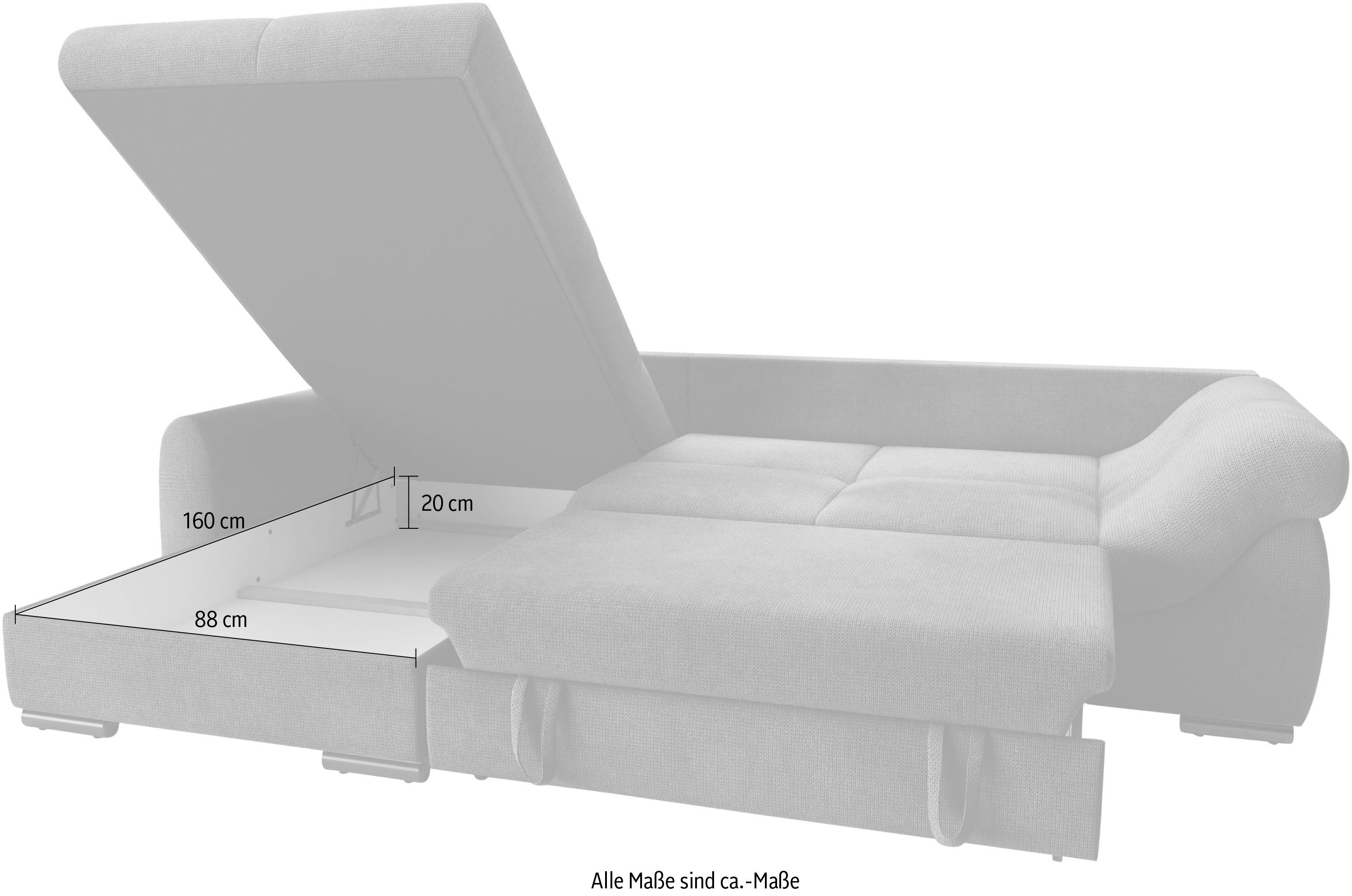 Mr. Couch Hoekbank Livorno DuraFlex L-vorm incl. hoogslaper beduitbreiding, xl bedbox wit gecoat